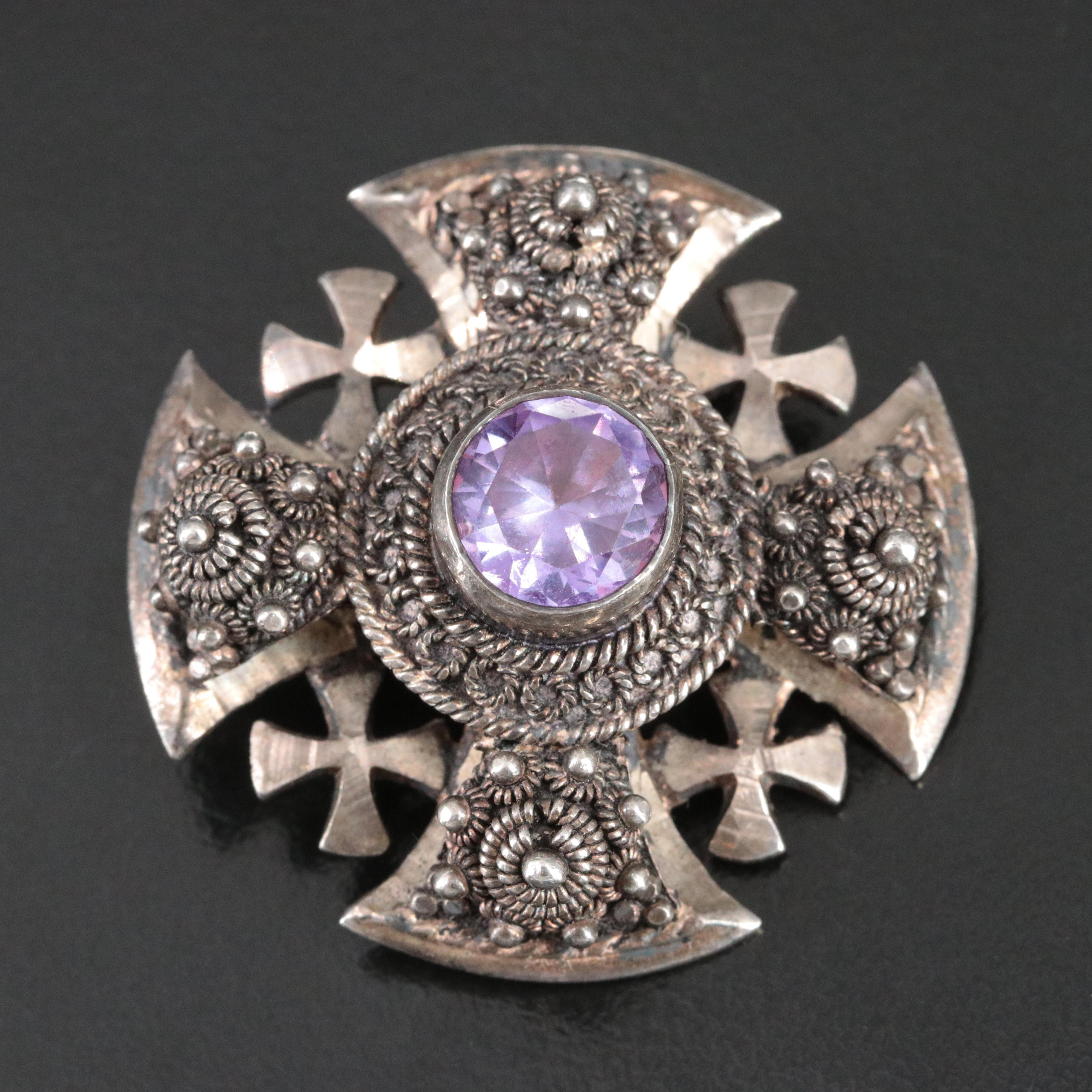 Vintage 980 Silver Lab Grown Sapphire Iron Cross Converter Brooch