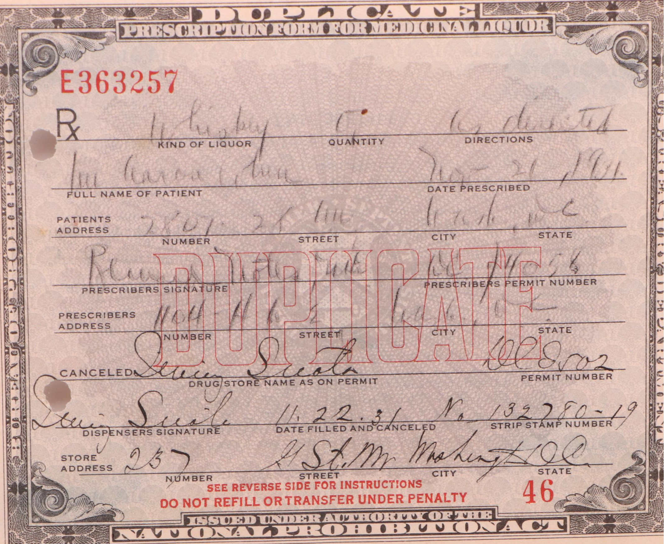 Prohibition Era Prescription Form for Whiskey, 1931