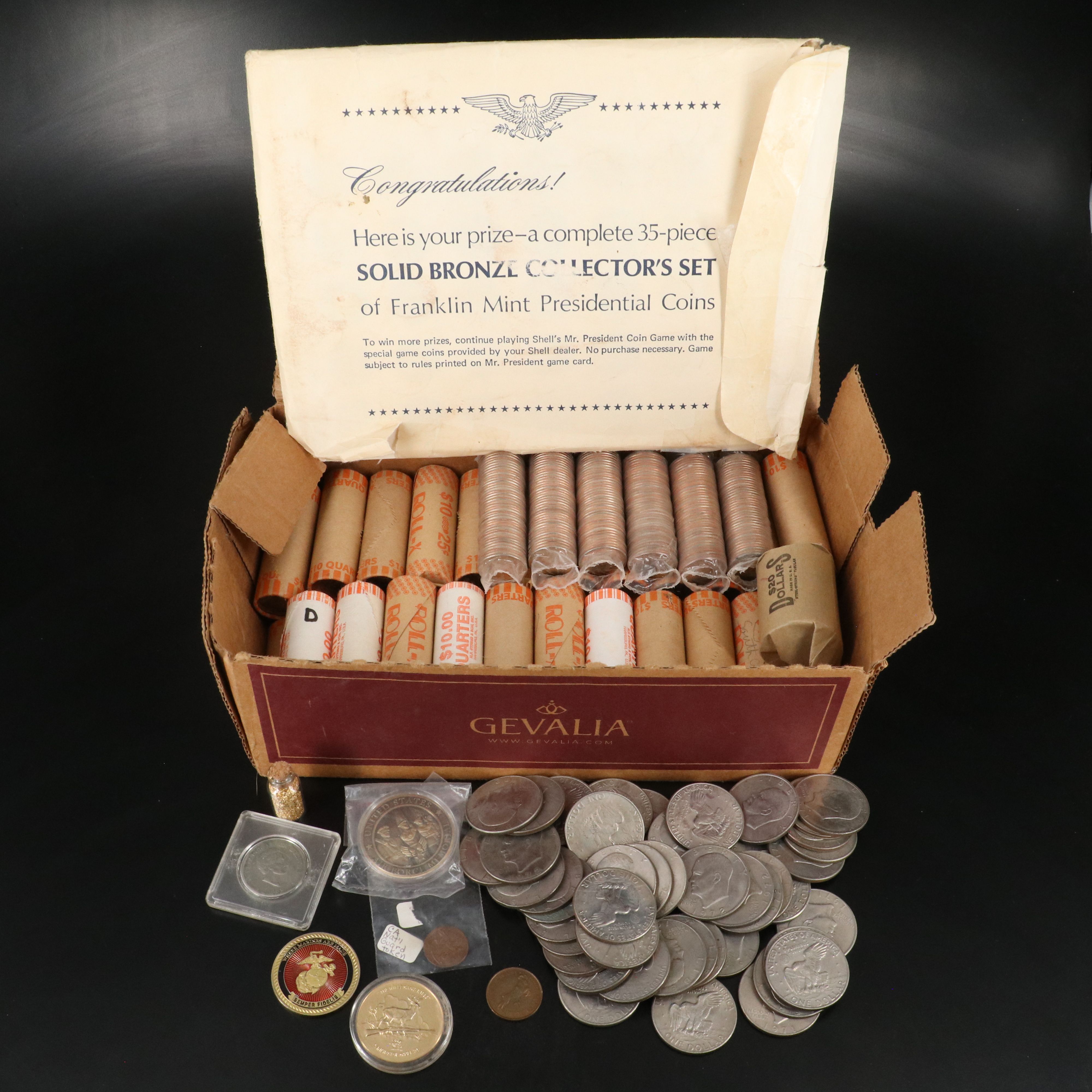 Collection of 2050 State Quarters in Bank Rolls and 68 Eisenhower Dollars
