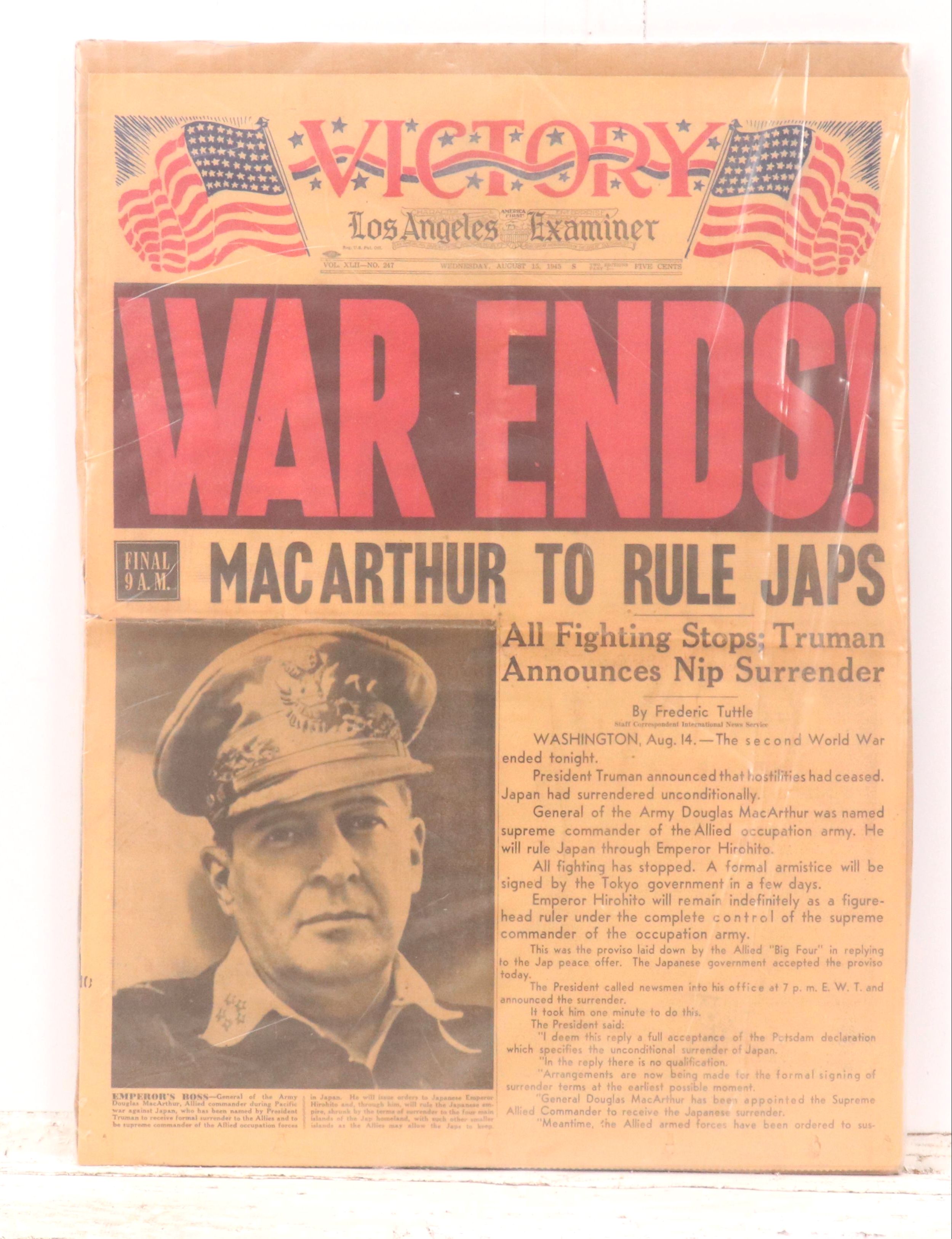 Los Angeles Examiner "War Ends!" World War II Newspaper Cover, August 15th 1945
