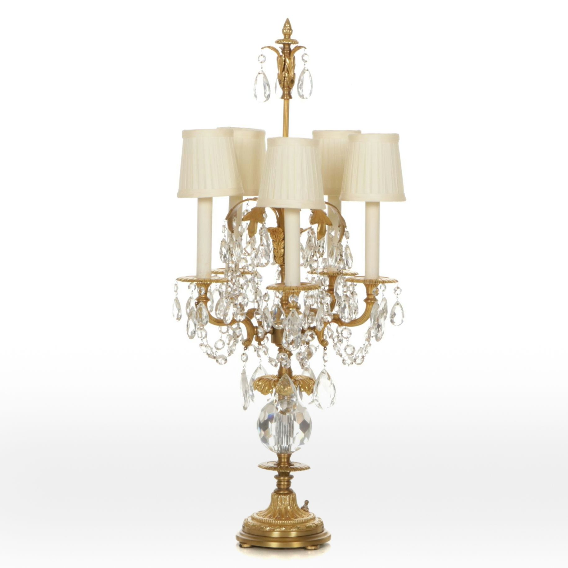 Gilt Brass and Crystal Five-Arm Girandole Table Lamp with Clip-on Silk Shades