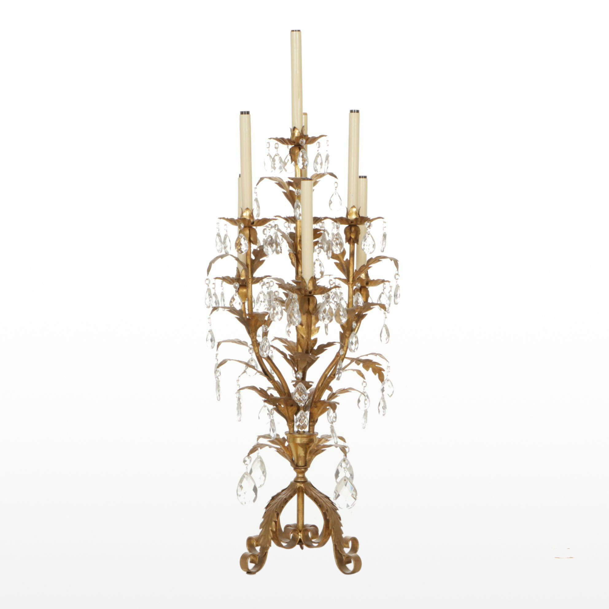 Italianate Gilt Metal Three Tier Girandole Candelabra Table Lamp, Vintage