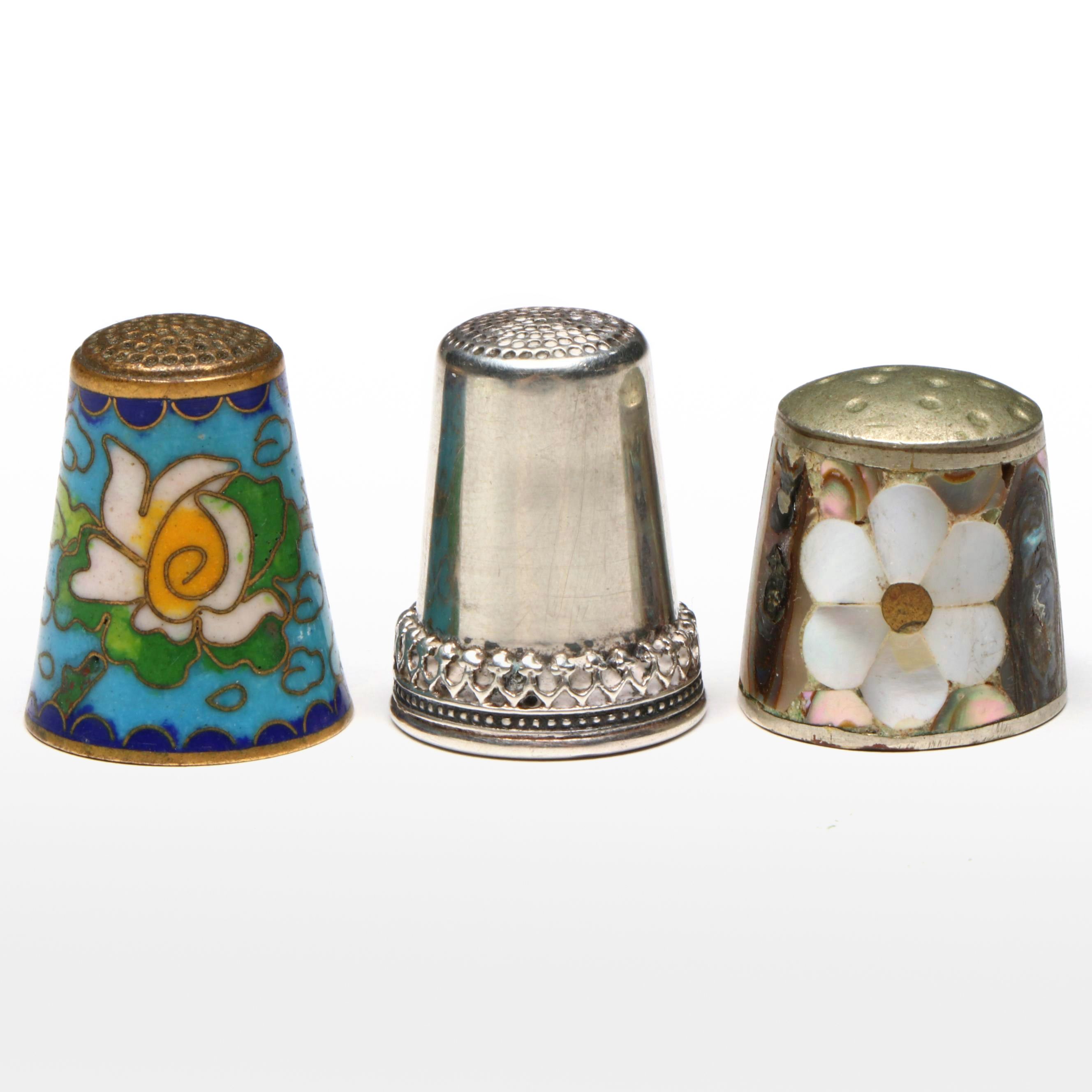 English Ari D. Norman Sterling with Cloisonné and Mother of Pearl Thimbles