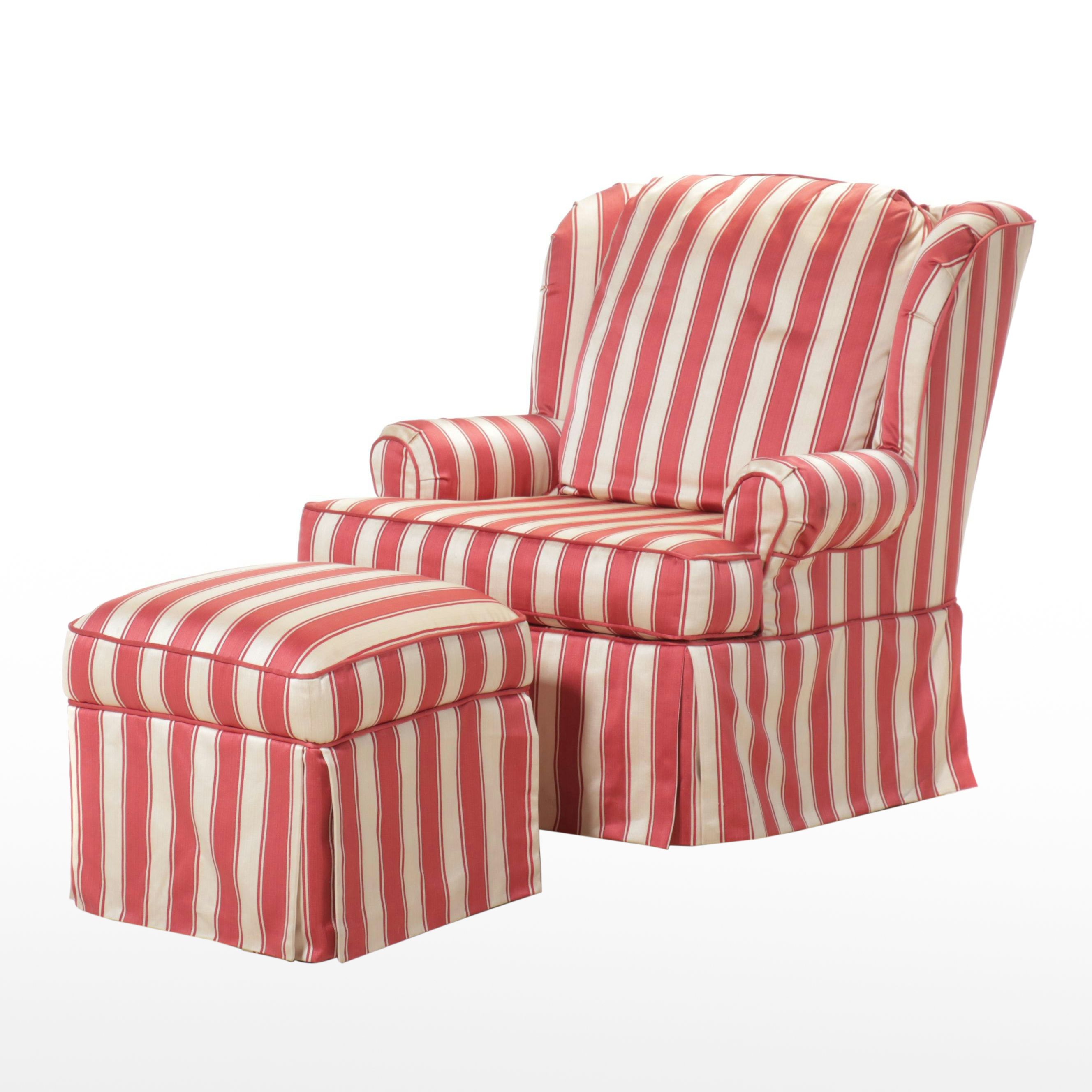 Striped Upholstered Swivel Armchair with Ottoman