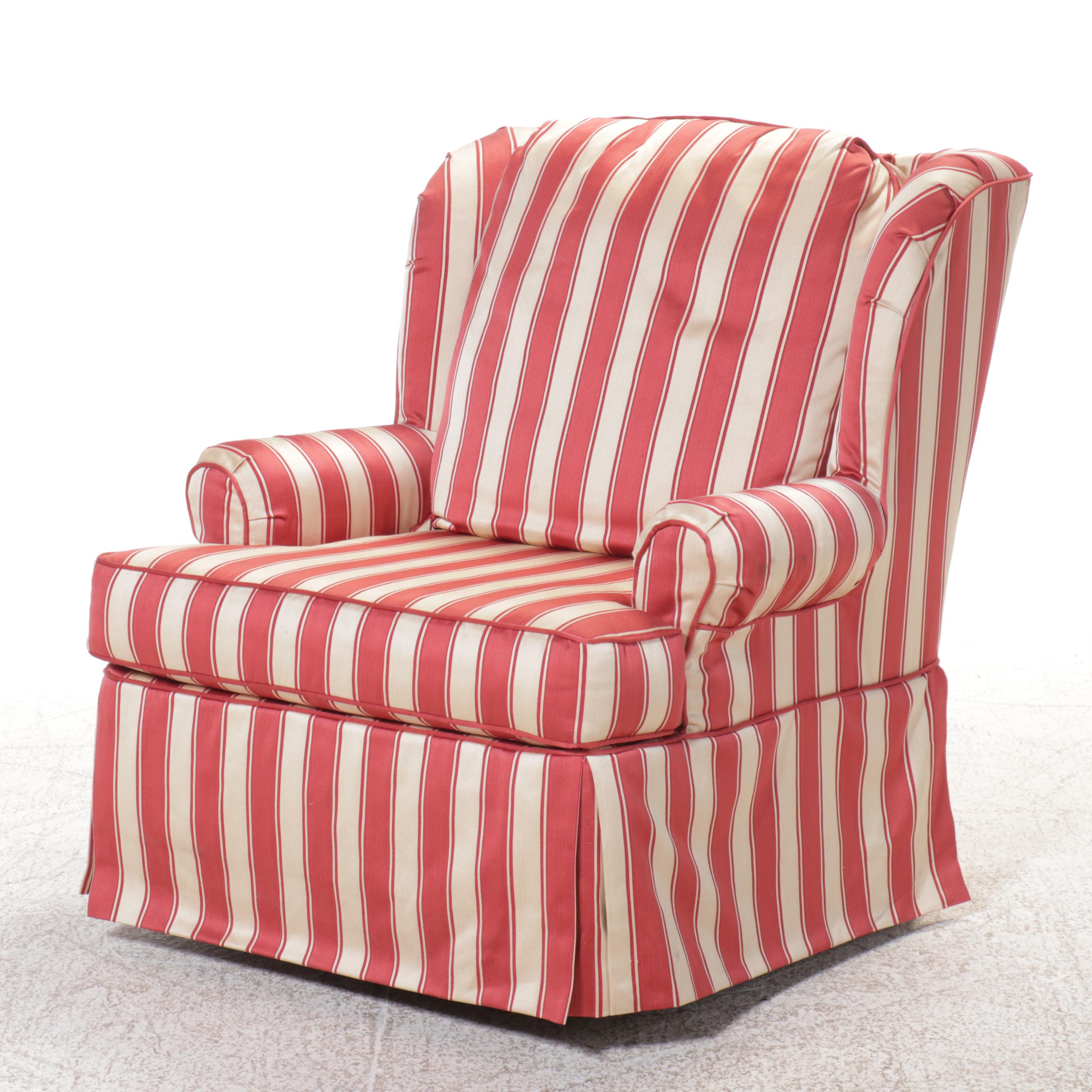 Striped Upholstered Swivel Armchair with Ottoman