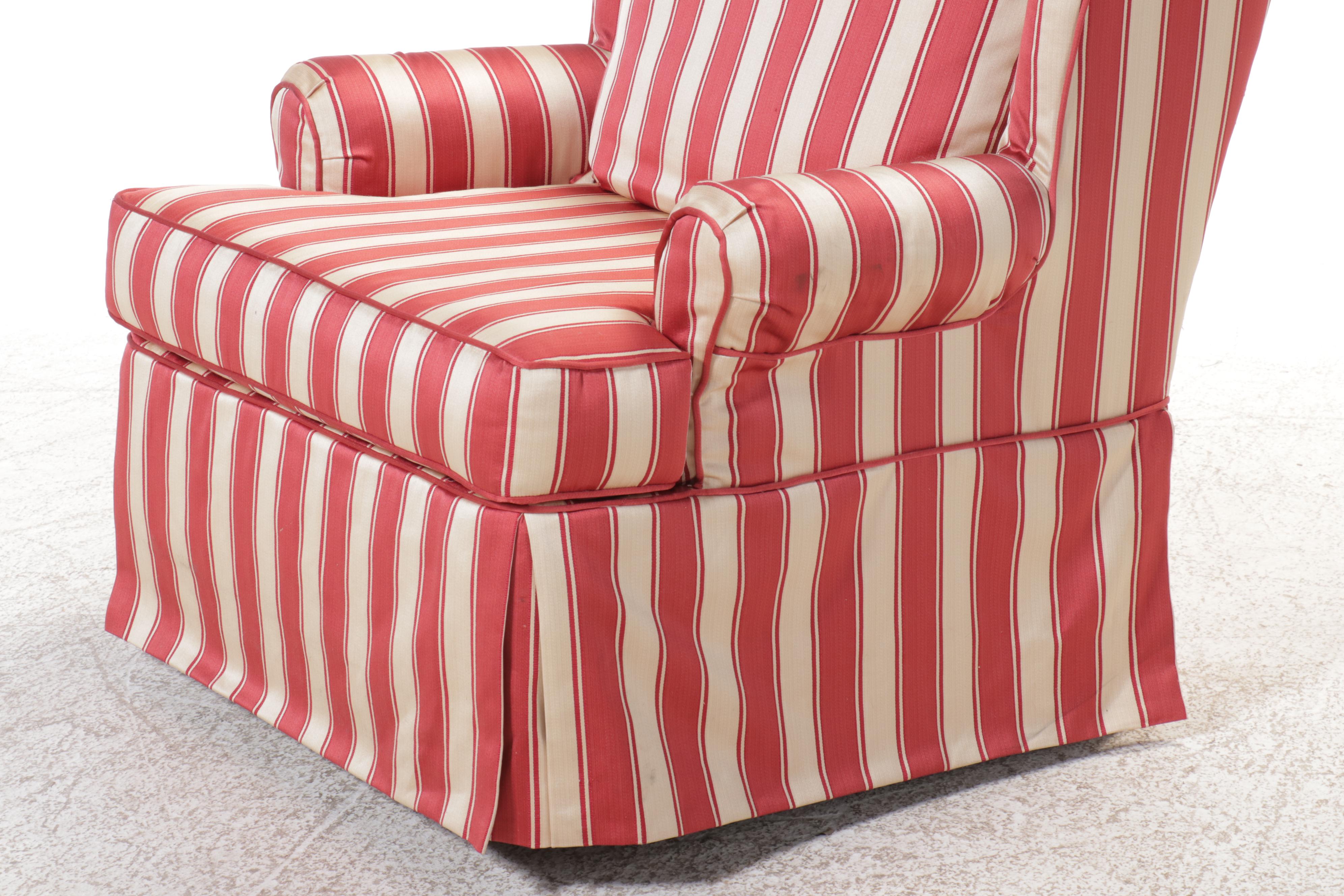 Striped Upholstered Swivel Armchair with Ottoman