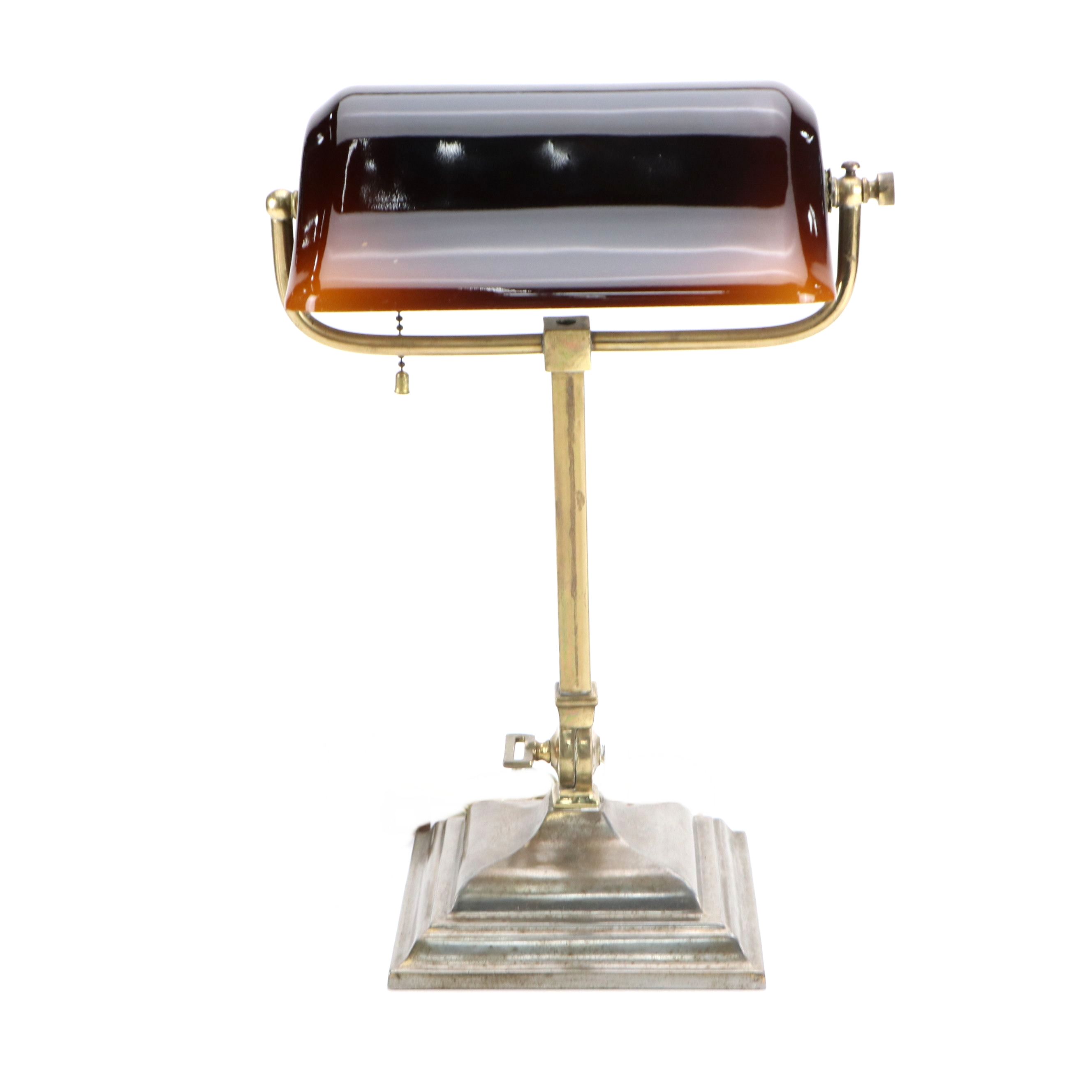 Brass Finish Banker's Desk Lamp with Cased Amber Shade