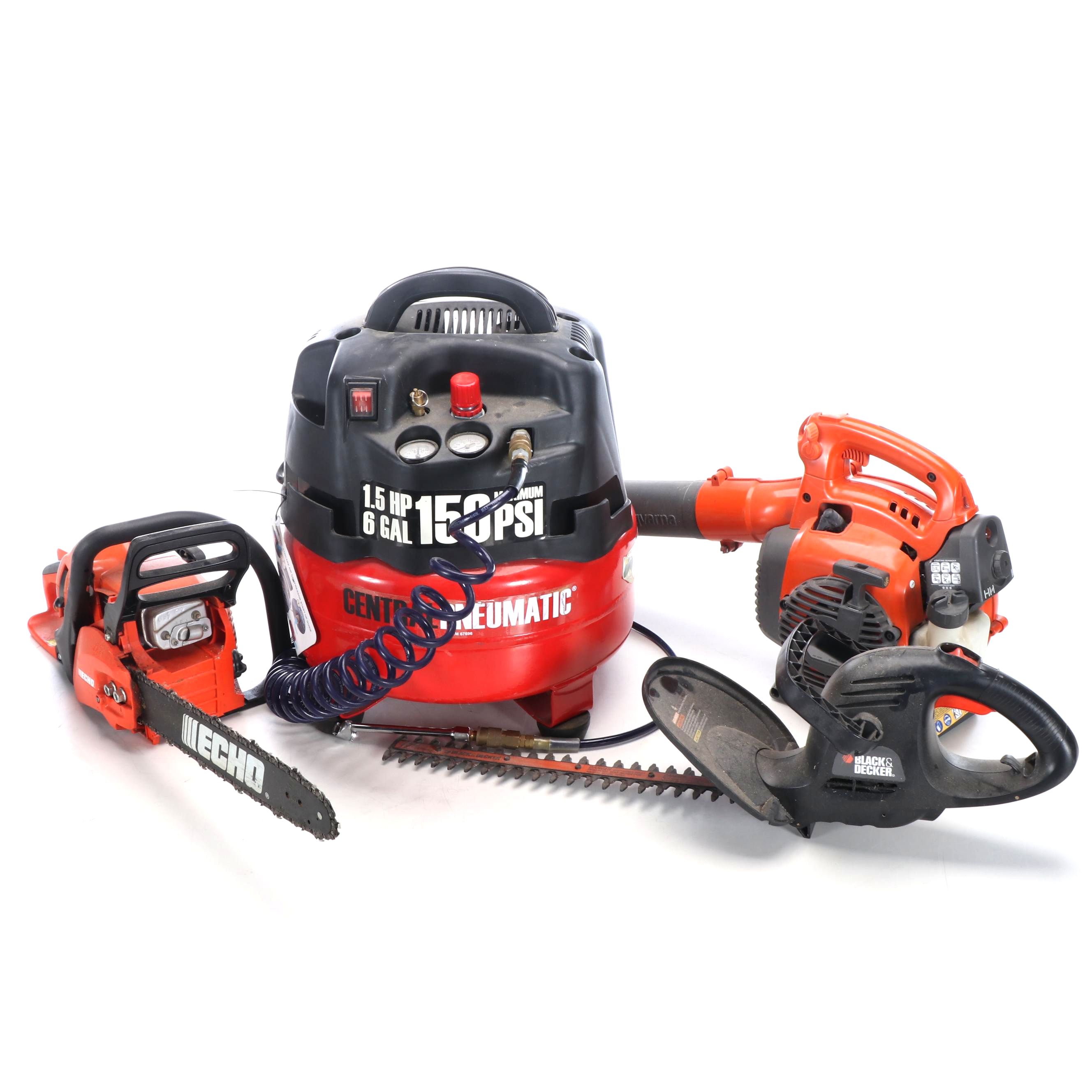 Central Pneumatic Air Compressor, Echo Chainsaw, Black+Decker Hedge Trimmer