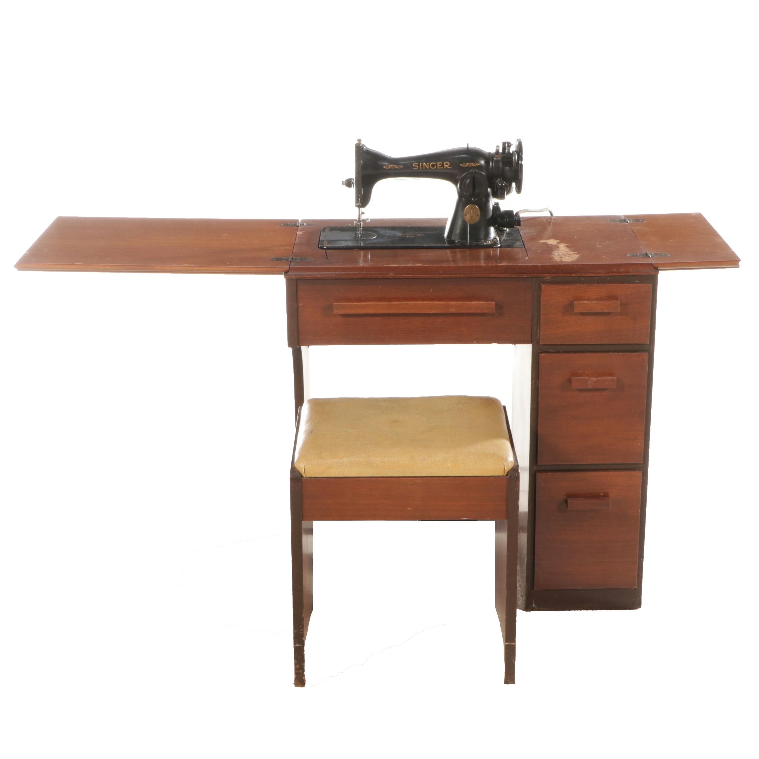 Singer MCM Model 15 Sewing Machine Table and Storage Stool, 1942