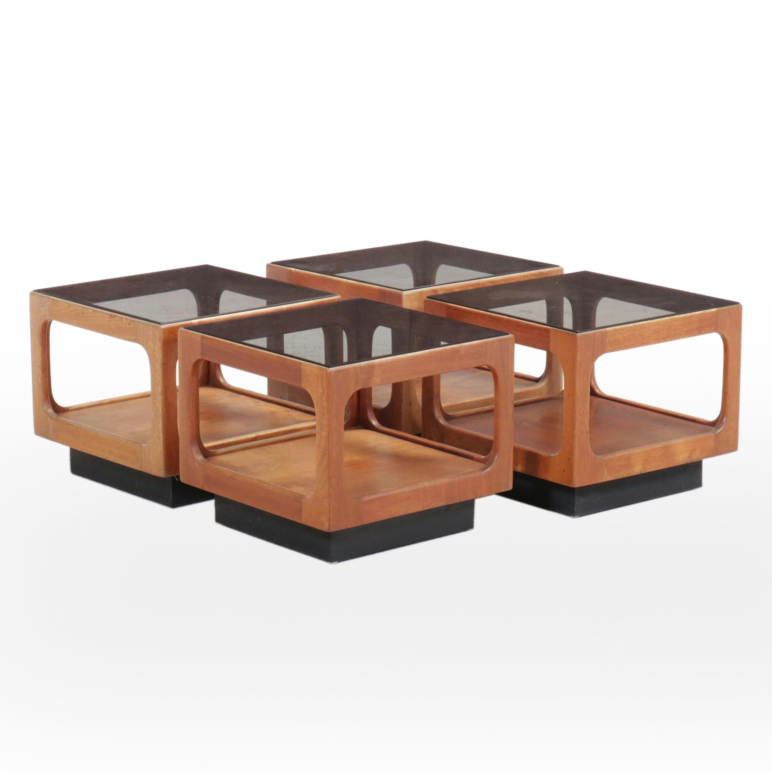 Four Josef Otmar Mid Century Modern Walnut and Smoked Glass Cube Accent Tables