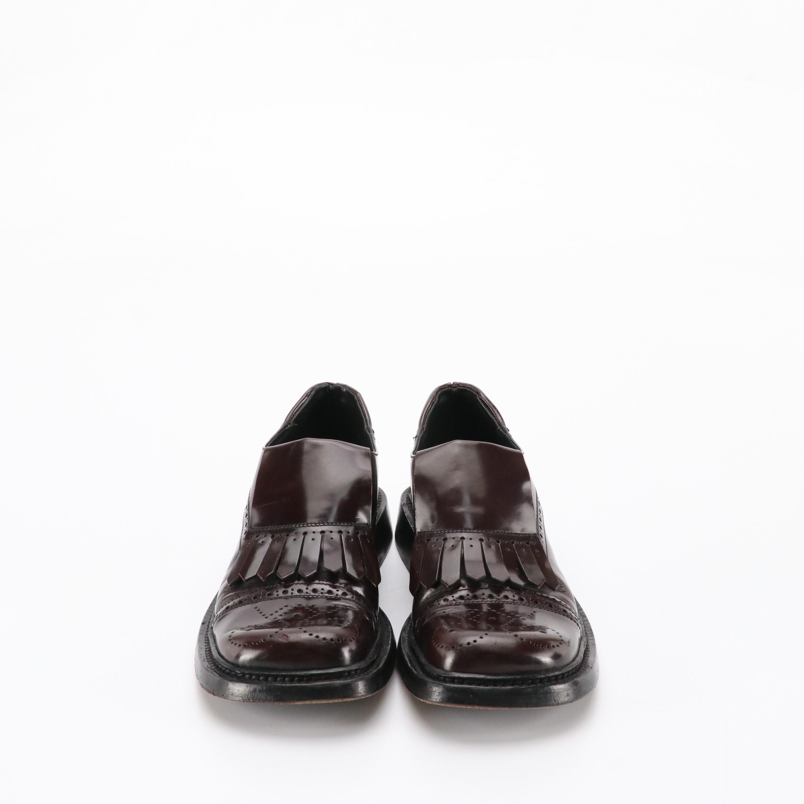 Prada Fringed Square-Toe Loafers in Burgundy Shiny Calfskin Leather, With Box