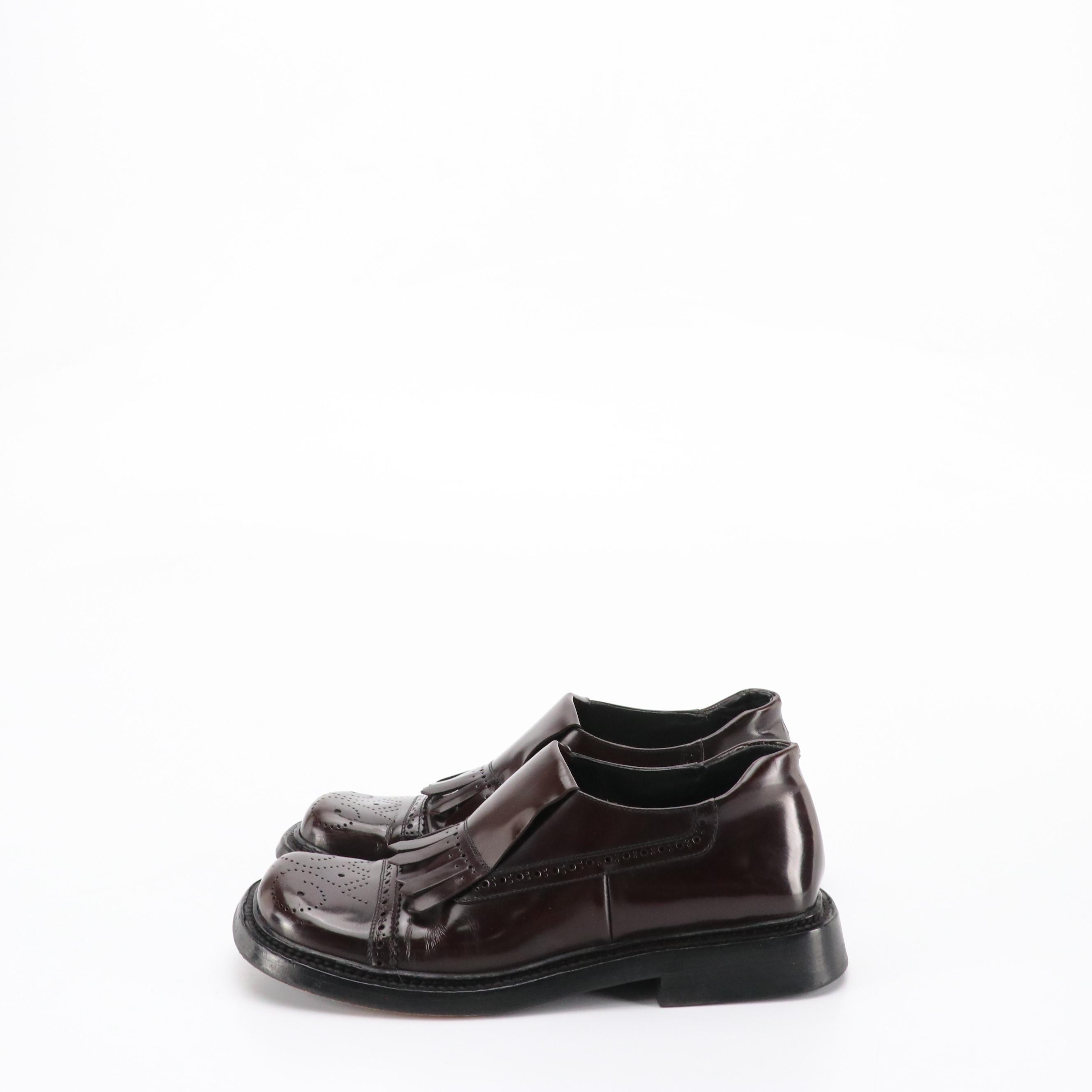 Prada Fringed Square-Toe Loafers in Burgundy Shiny Calfskin Leather, With Box
