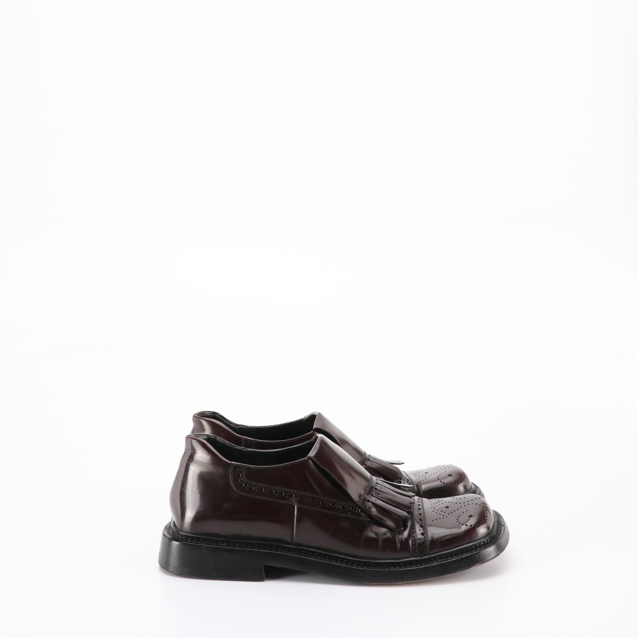 Prada Fringed Square-Toe Loafers in Burgundy Shiny Calfskin Leather, With Box