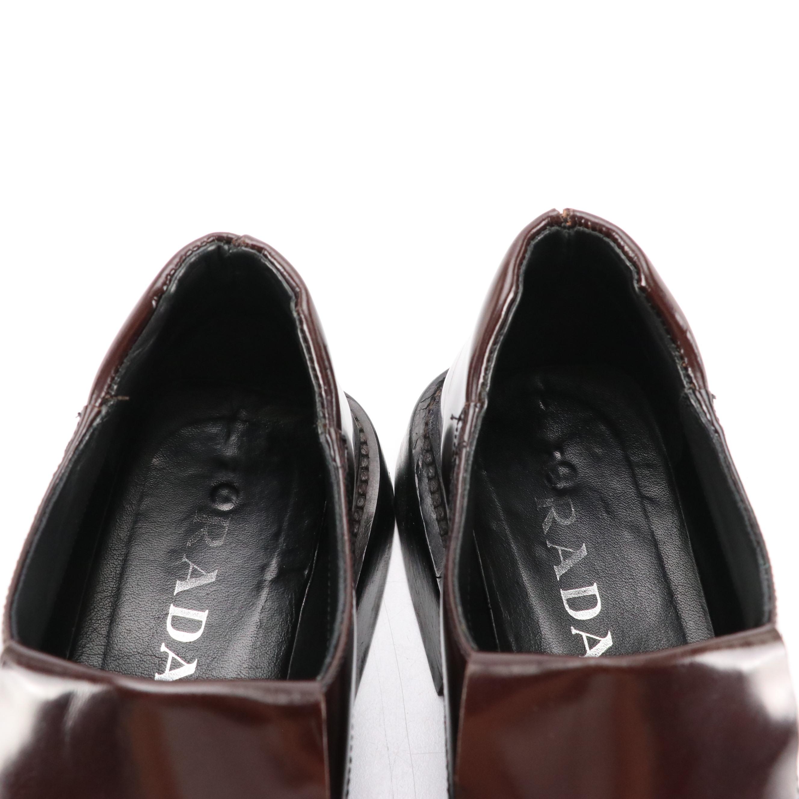 Prada Fringed Square-Toe Loafers in Burgundy Shiny Calfskin Leather, With Box