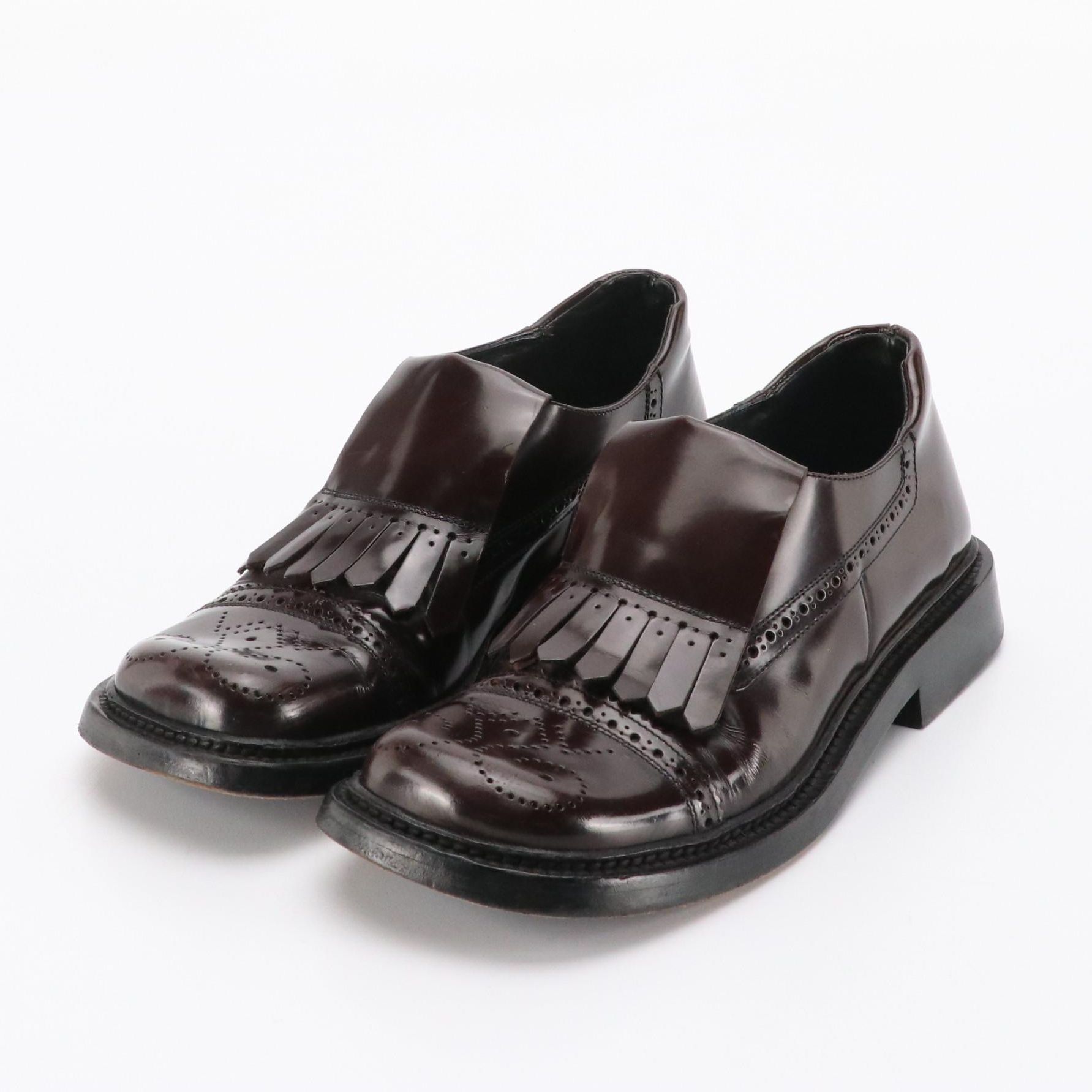 Prada Fringed Square-Toe Loafers in Burgundy Shiny Calfskin Leather, With Box