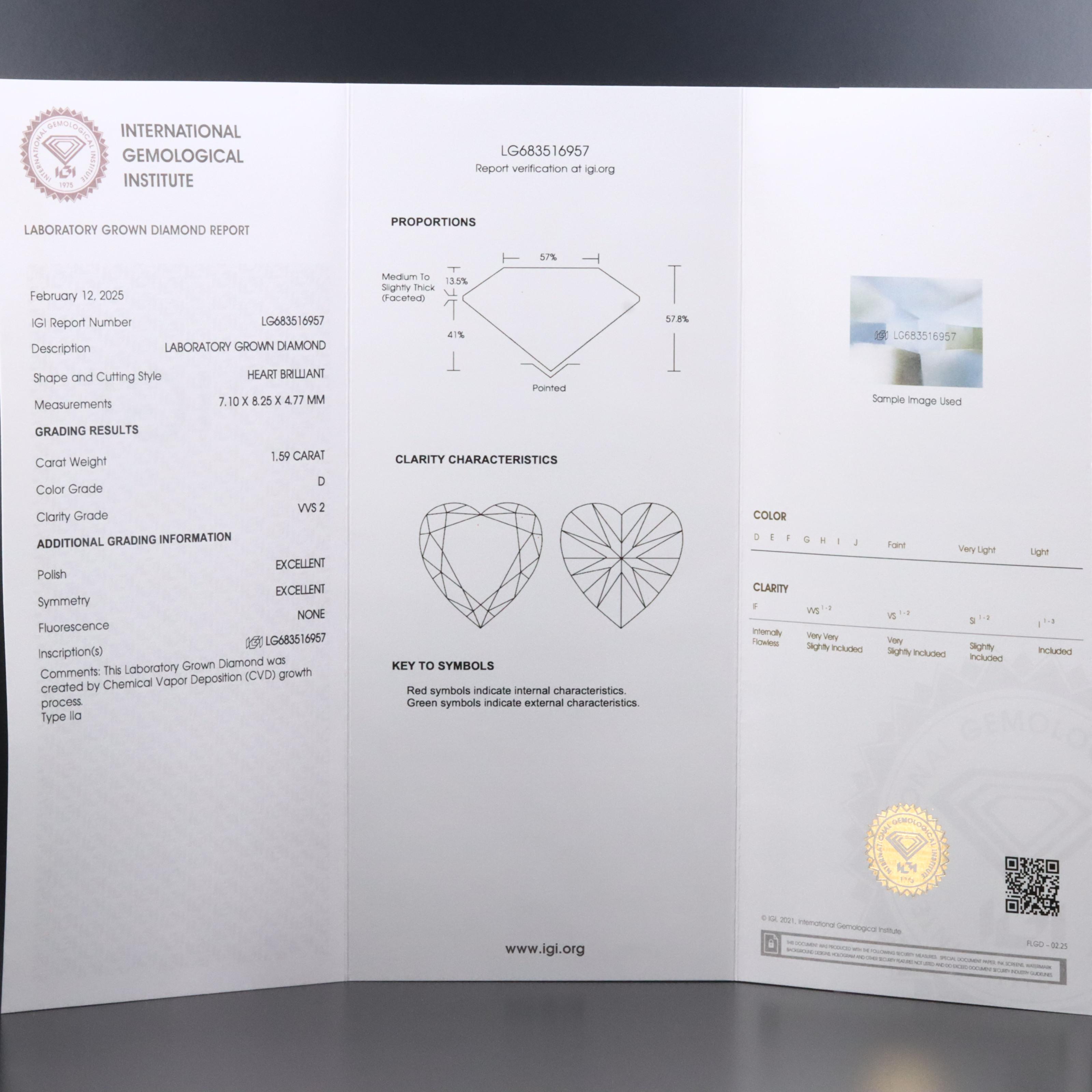Loose 1.59 CT Lab Grown Diamond with IGI Report