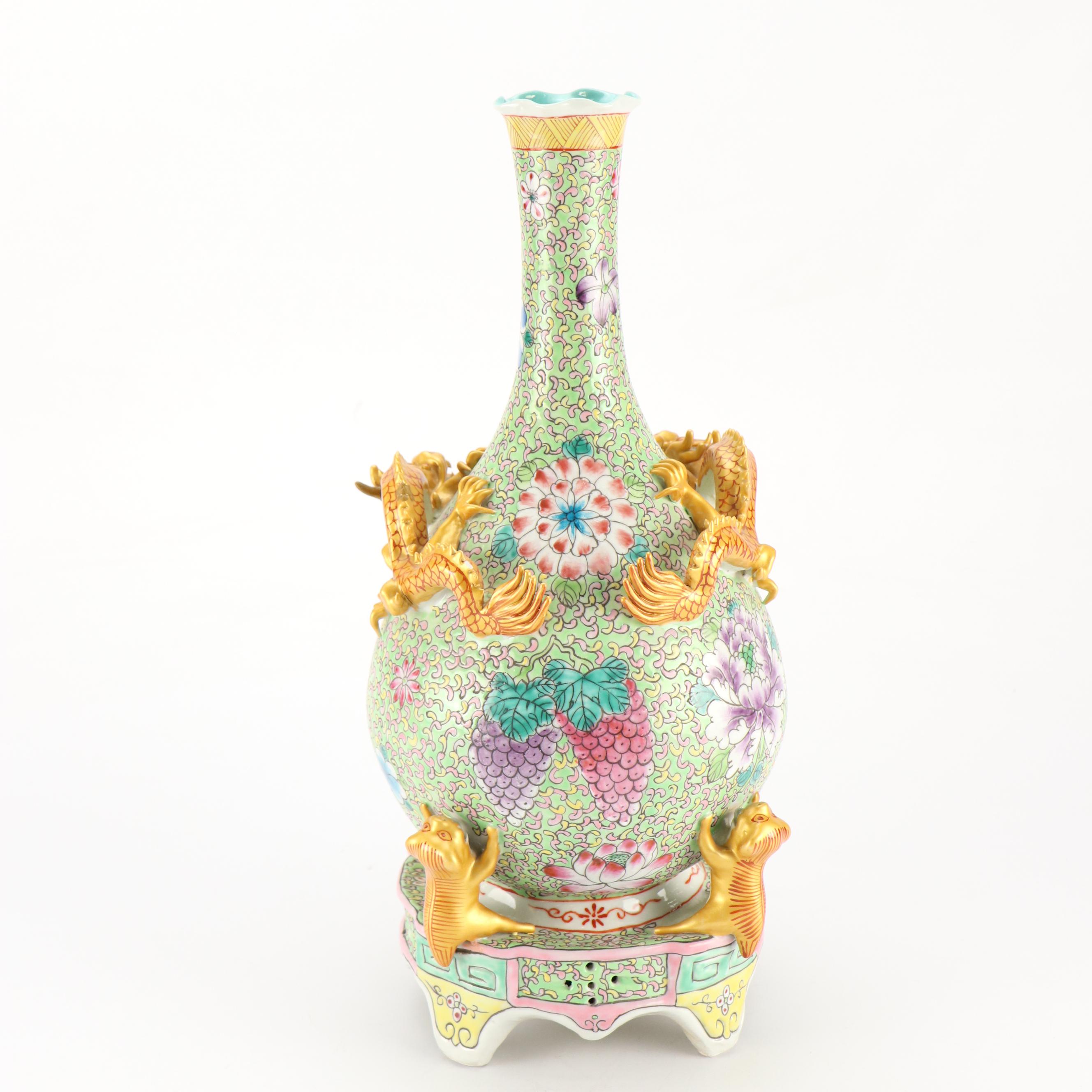 Chinese Gold Finish Dragon & Tiger Decorated Famille Rose Porcelain Vase