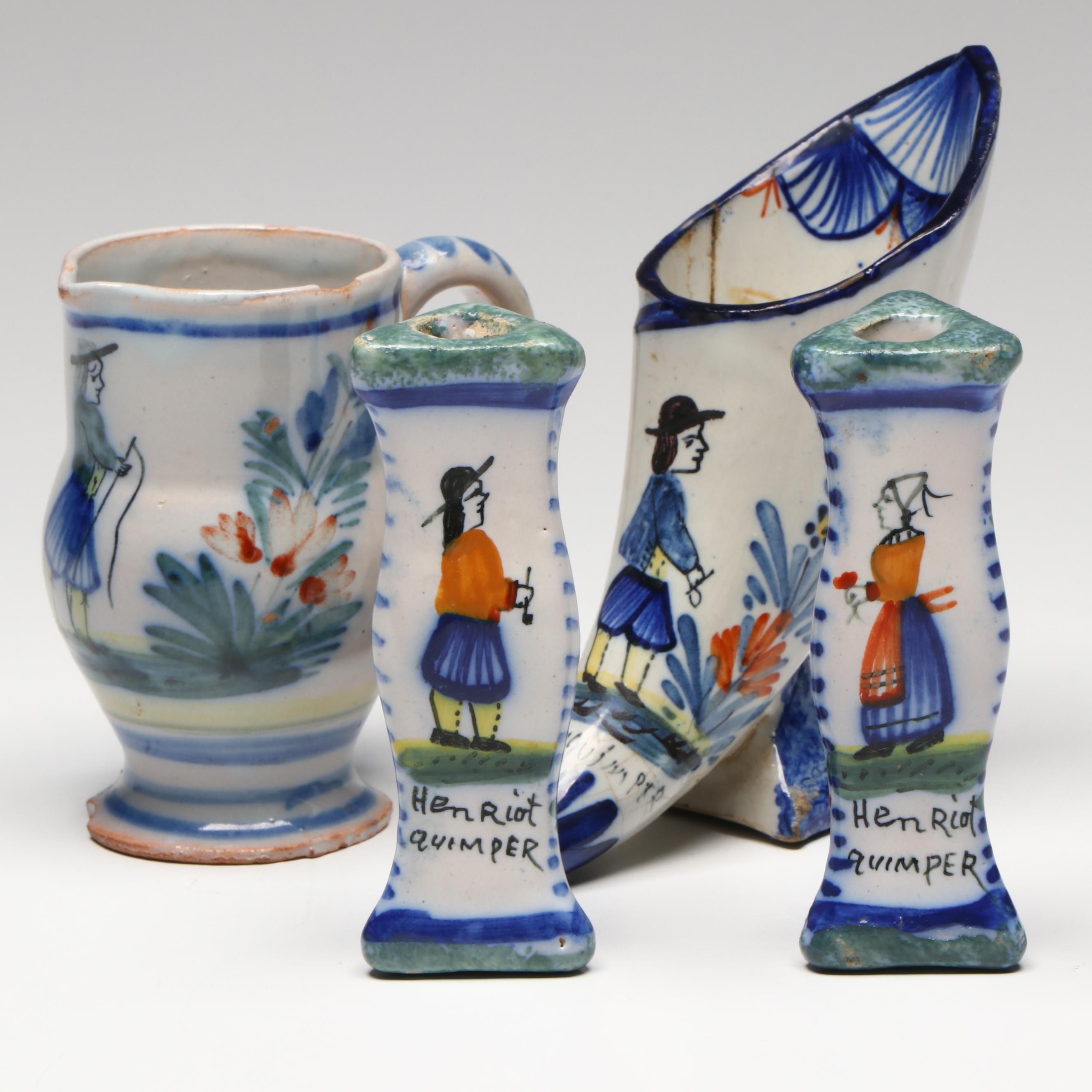 Henriot Quimper Breton Folk Art Ceramic Vases, Knife Rests and Pitcher