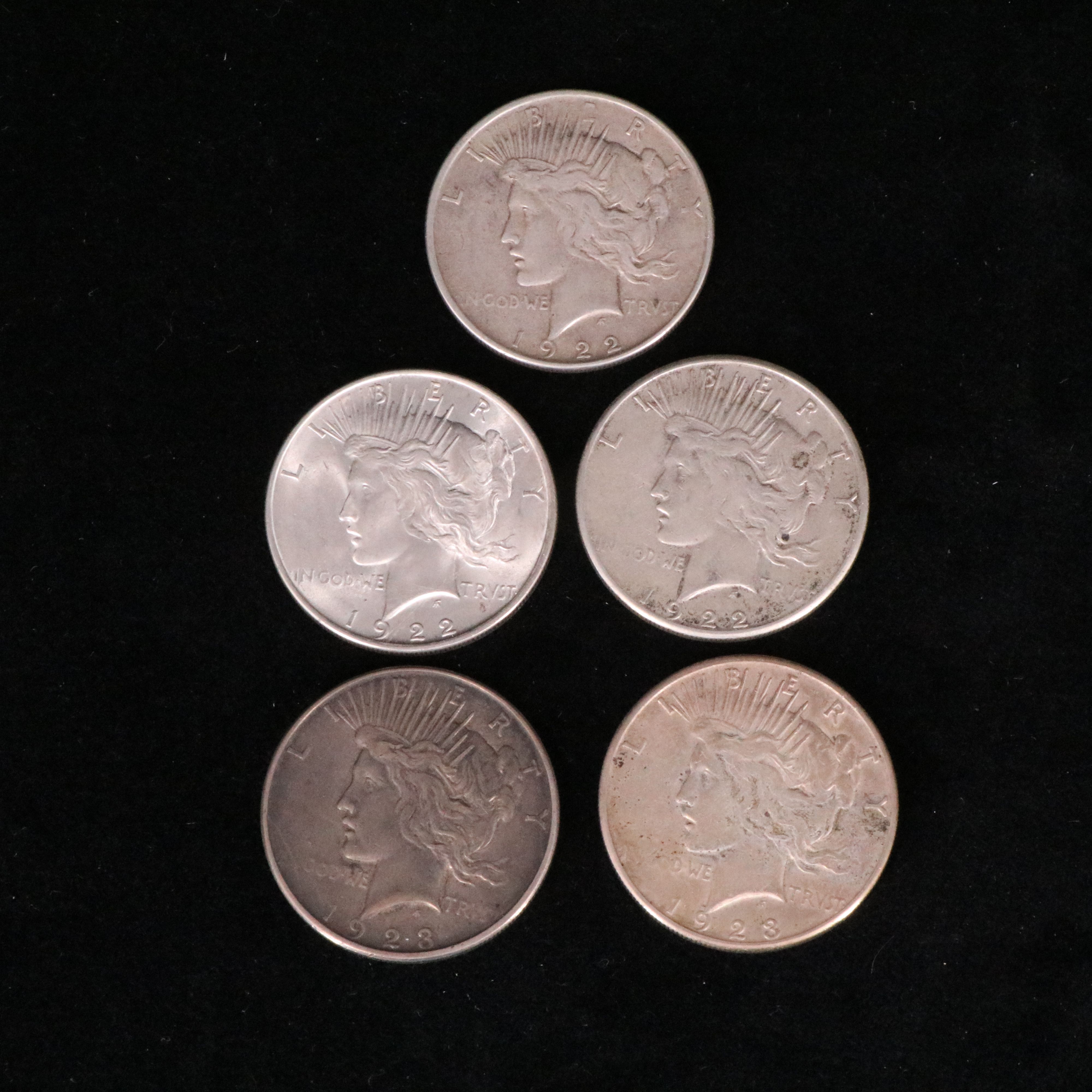 Five Different U.S. Silver Peace Dollars