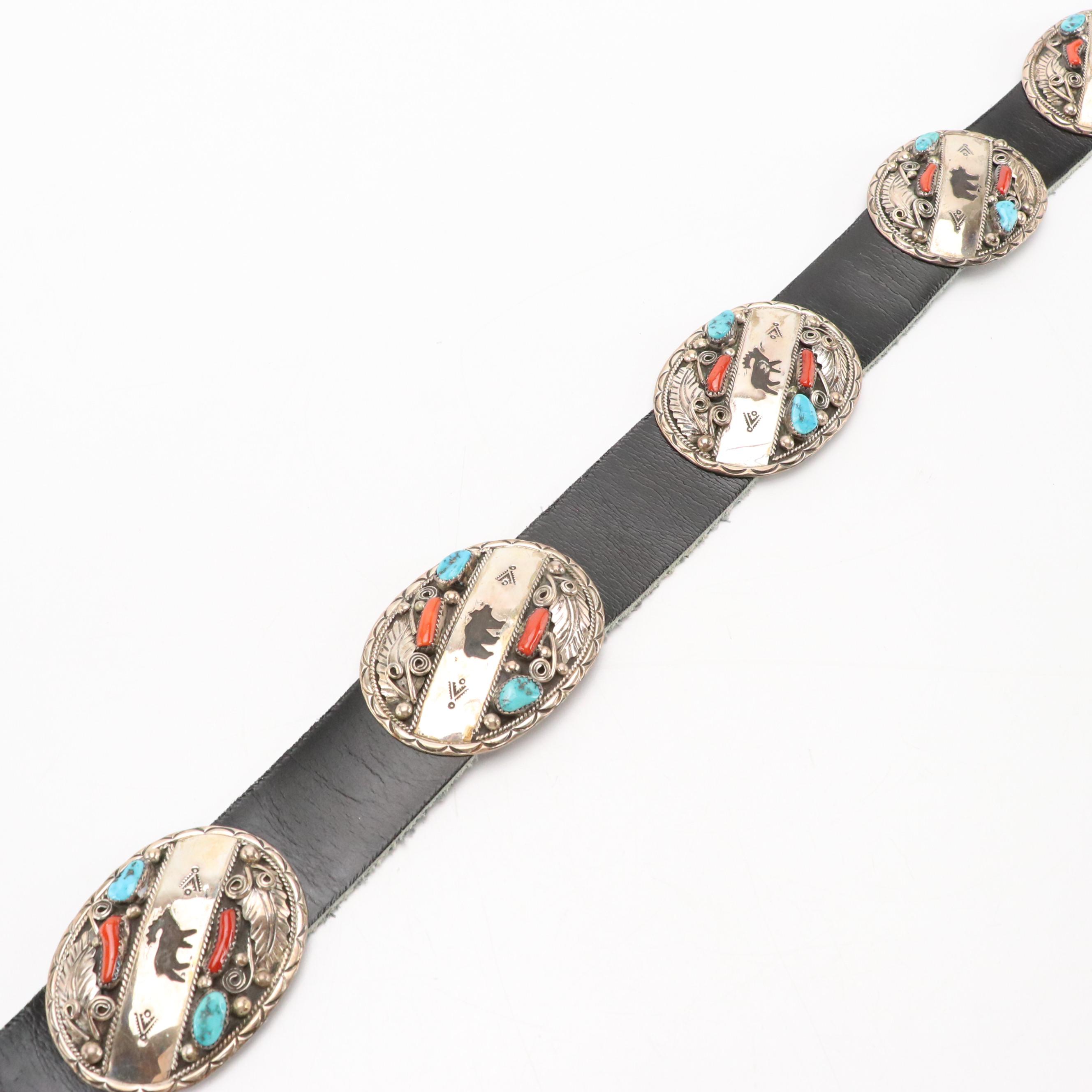 Southwestern Sterling Silver and Gemstone Stamped Animal Motif Concho Belt