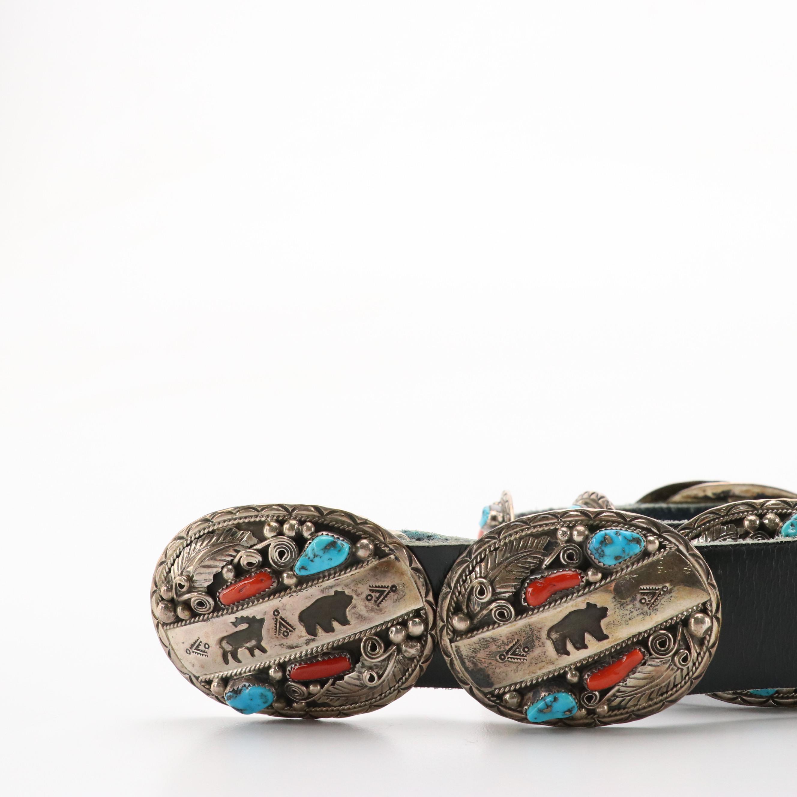 Southwestern Sterling Silver and Gemstone Stamped Animal Motif Concho Belt