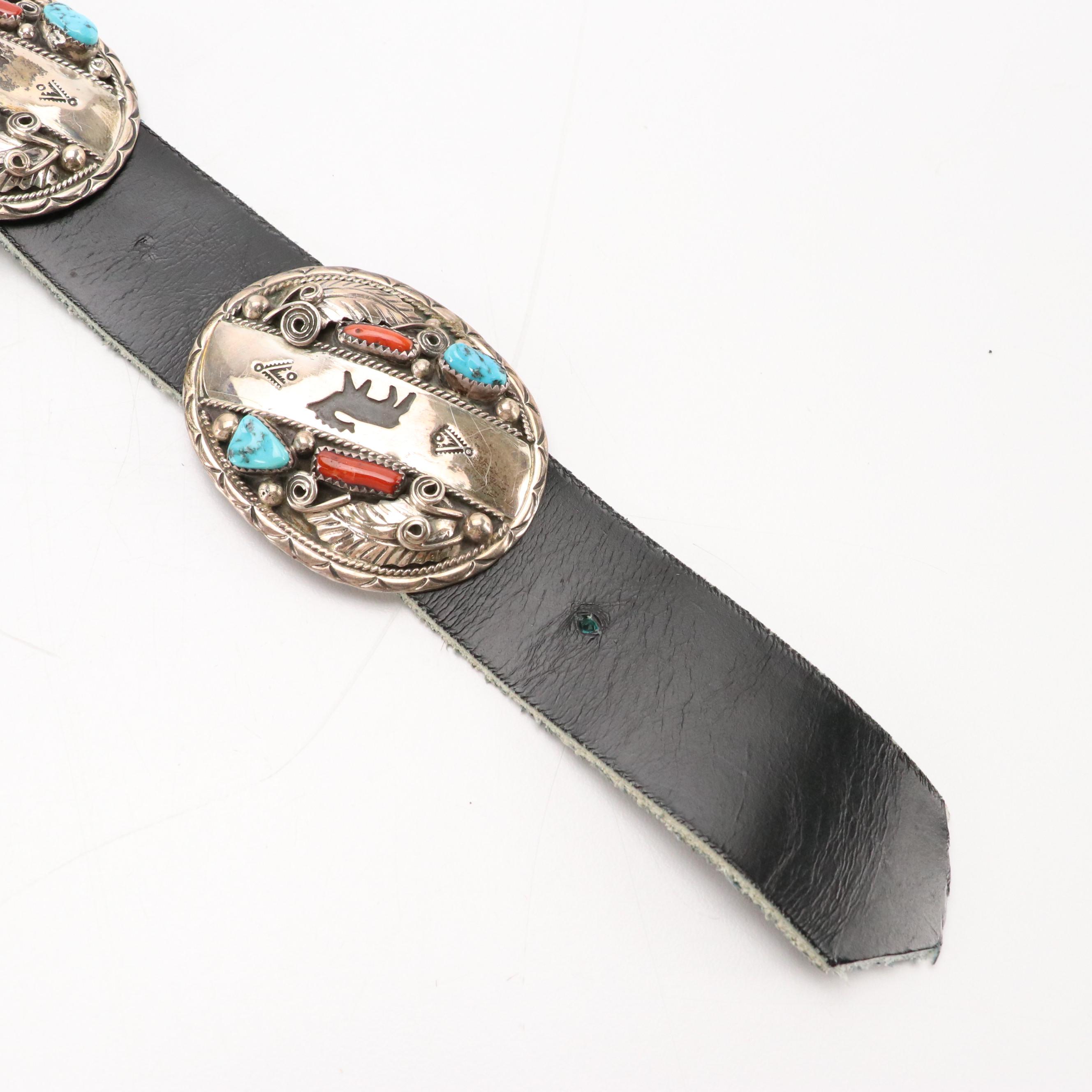 Southwestern Sterling Silver and Gemstone Stamped Animal Motif Concho Belt