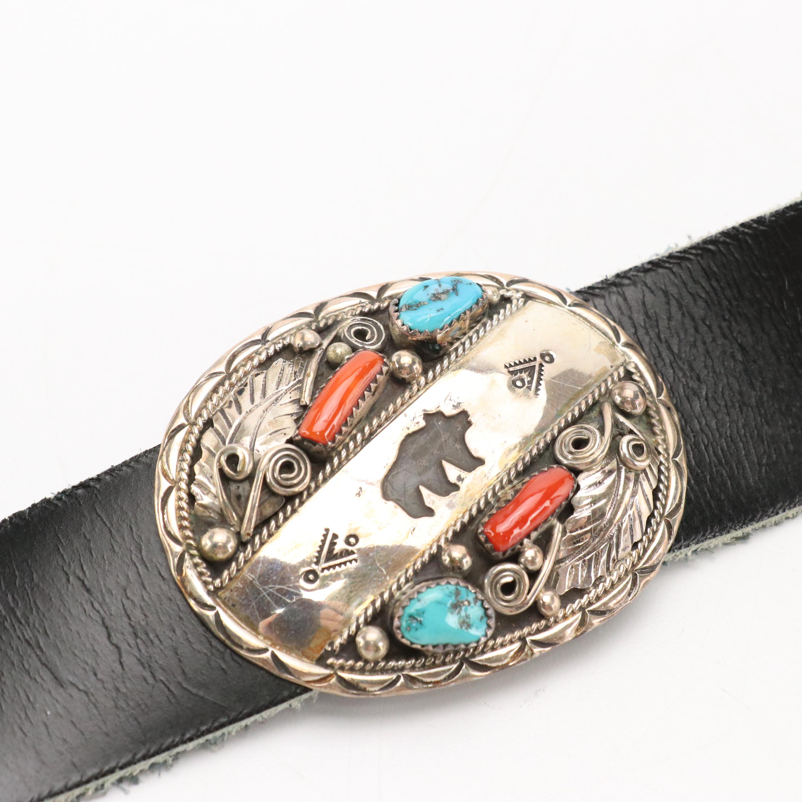 Southwestern Sterling Silver and Gemstone Stamped Animal Motif Concho Belt