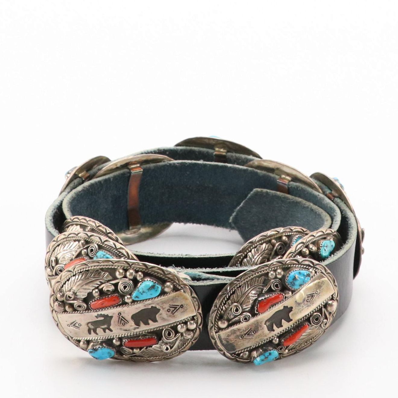 Southwestern Sterling Silver and Gemstone Stamped Animal Motif Concho Belt