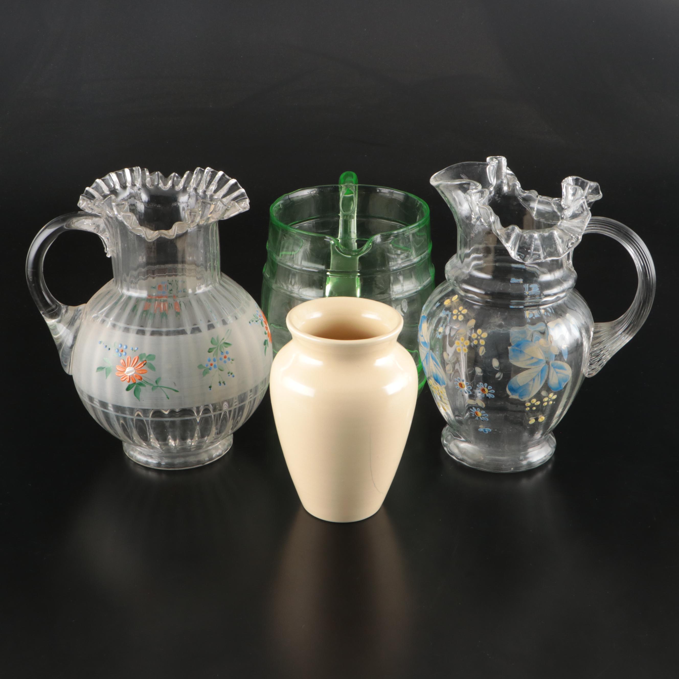 Hand-Painted and Uranium Glass Pitchers with American Potter Ceramic Vase