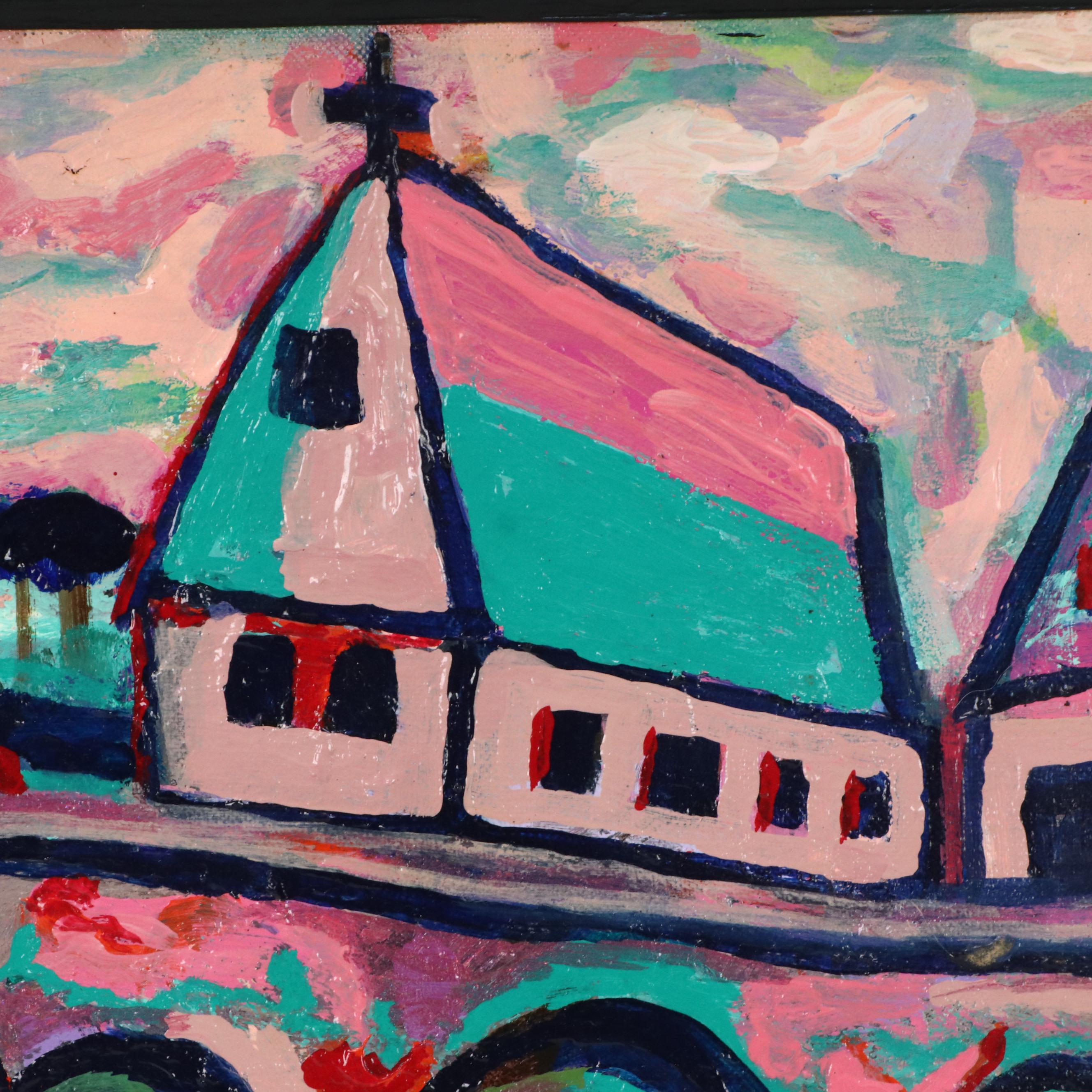 Modernist Style Landscape Acrylic Painting "Sailboat by the Water," 2008