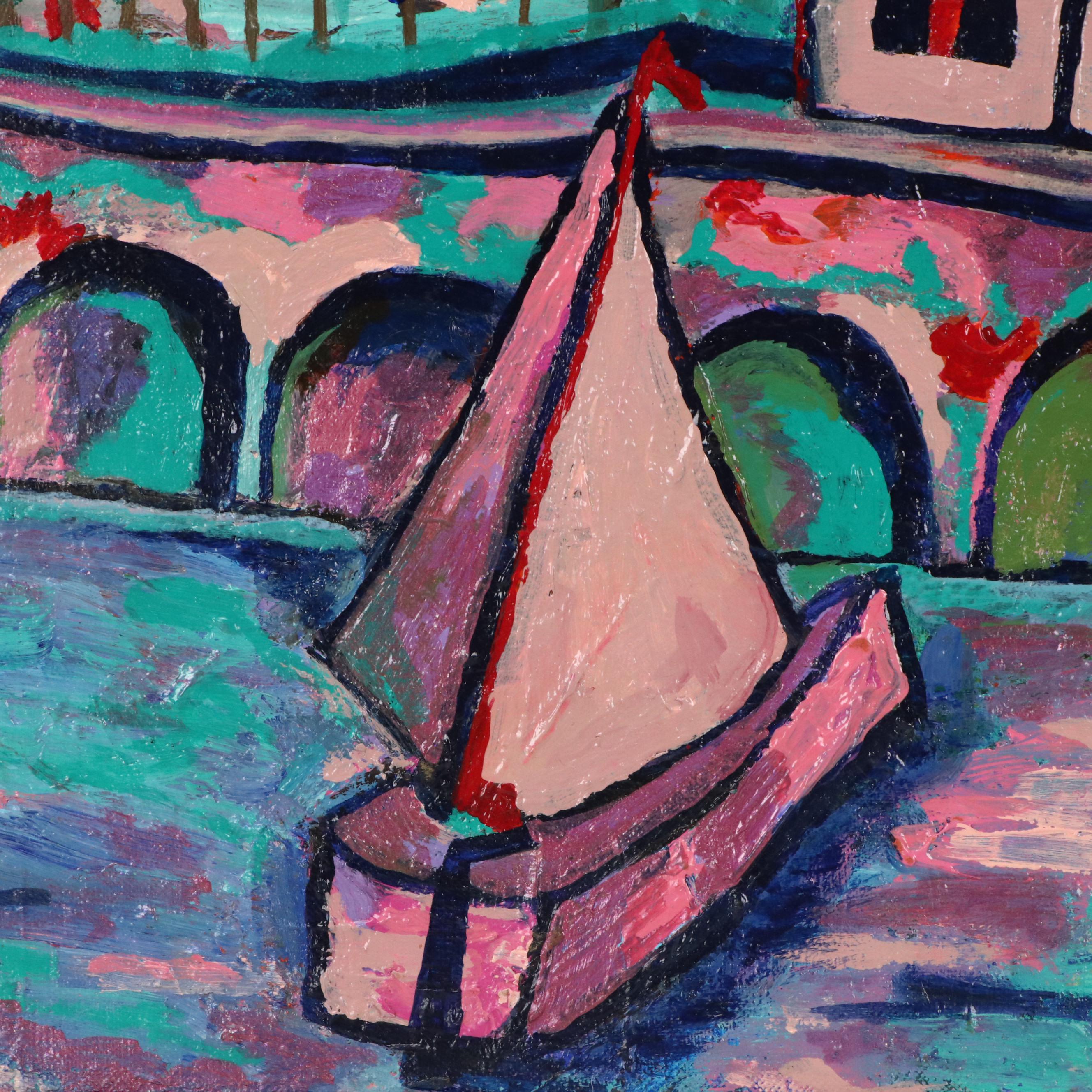 Modernist Style Landscape Acrylic Painting "Sailboat by the Water," 2008