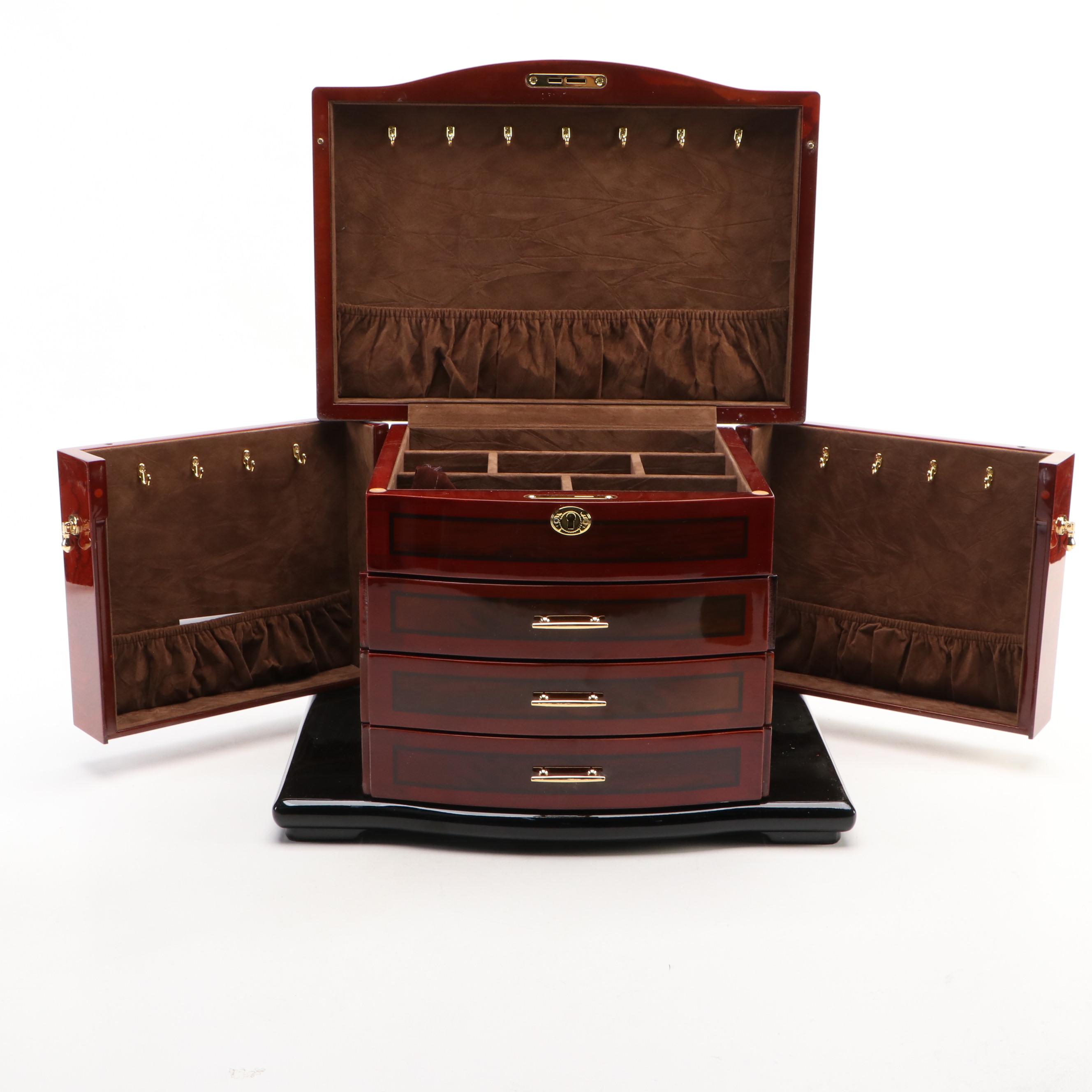 Jere High Gloss Walnut Finish and Burl Laminate Jewelry Chest