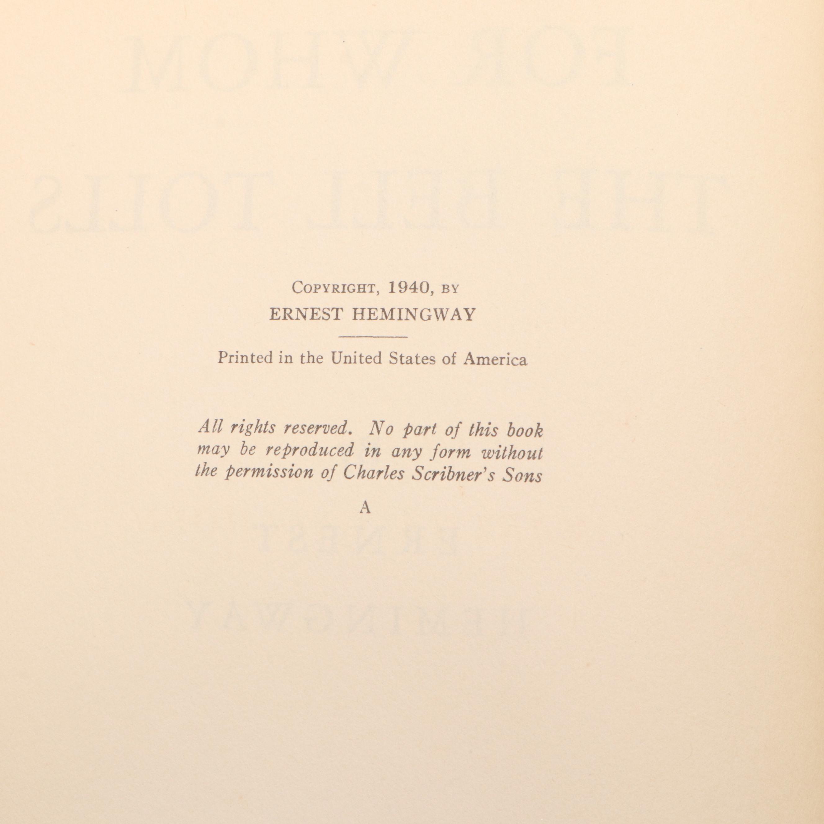 First Printing "For Whom the Bell Tolls" by Ernest Hemingway, 1940