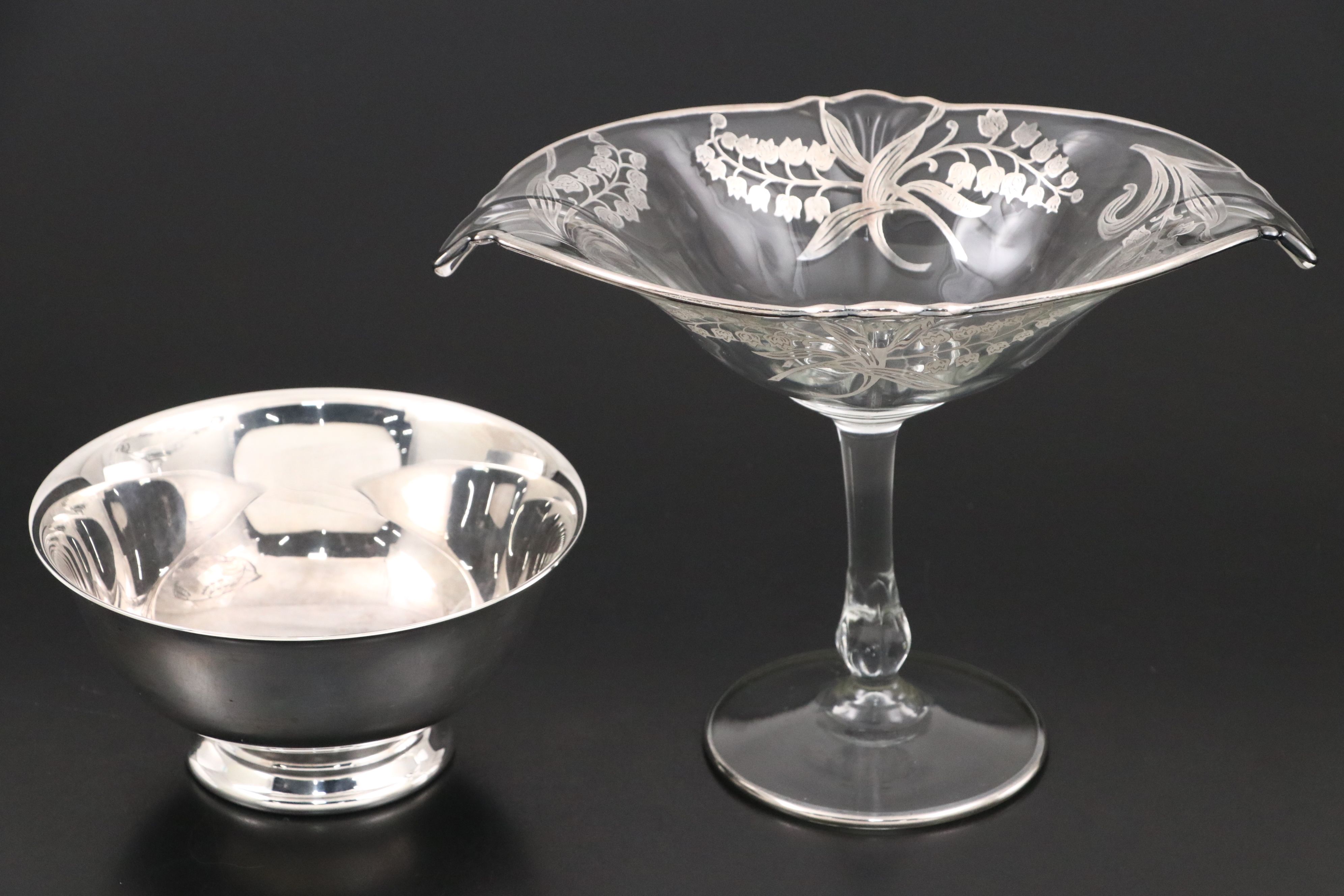 Heisey "Empress" Glass Sterling Overlay Compote with Other Serving Pieces