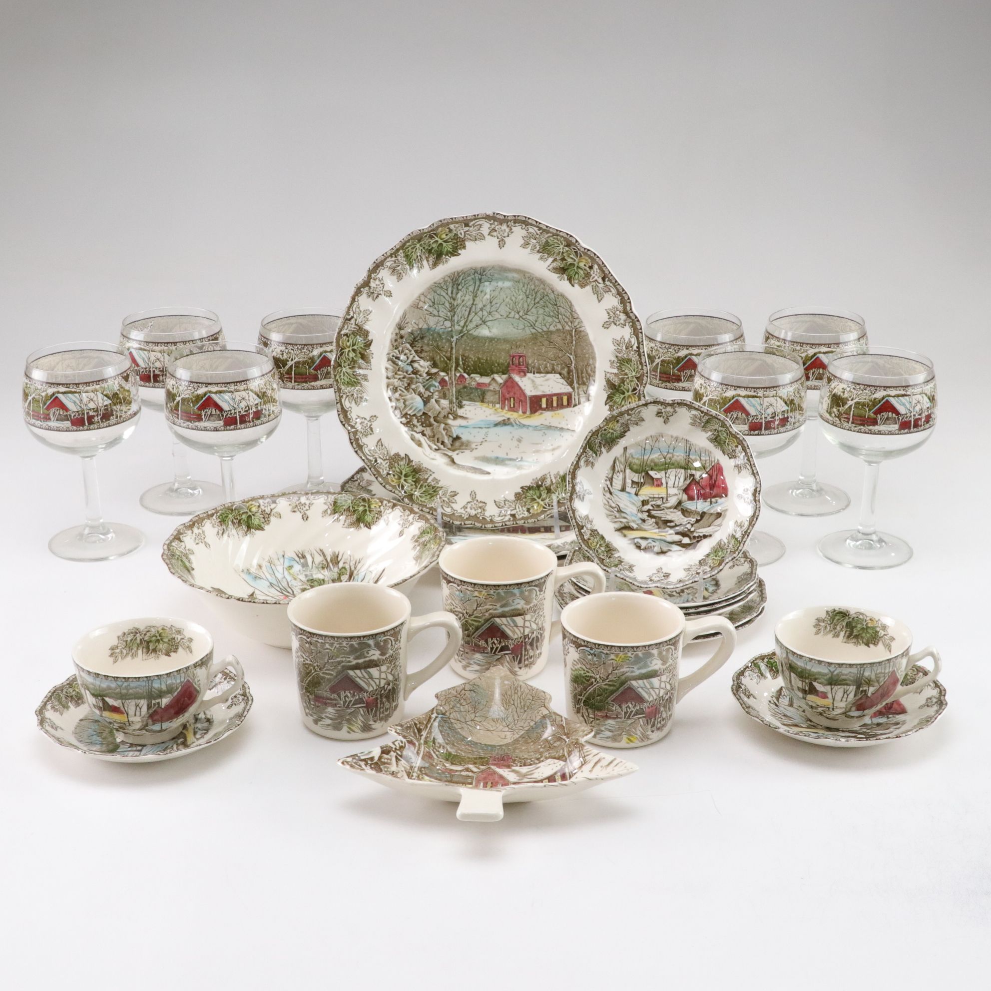 Johnson Bros. "Friendly Village" Plates, Mugs, Wine Glasses and Other Dinnerware