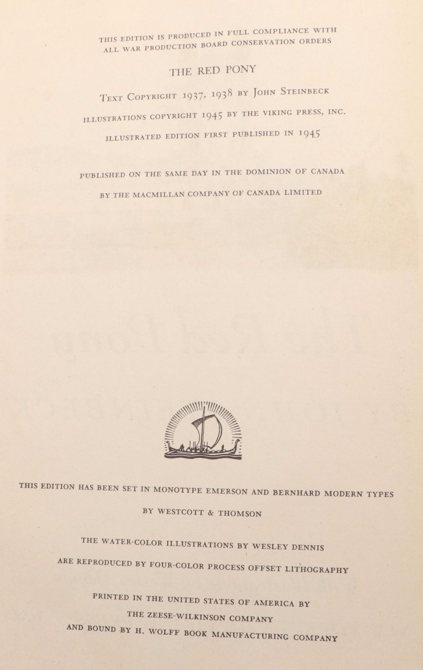 First Illustrated Edition "The Red Pony" by John Steinbeck, 1945