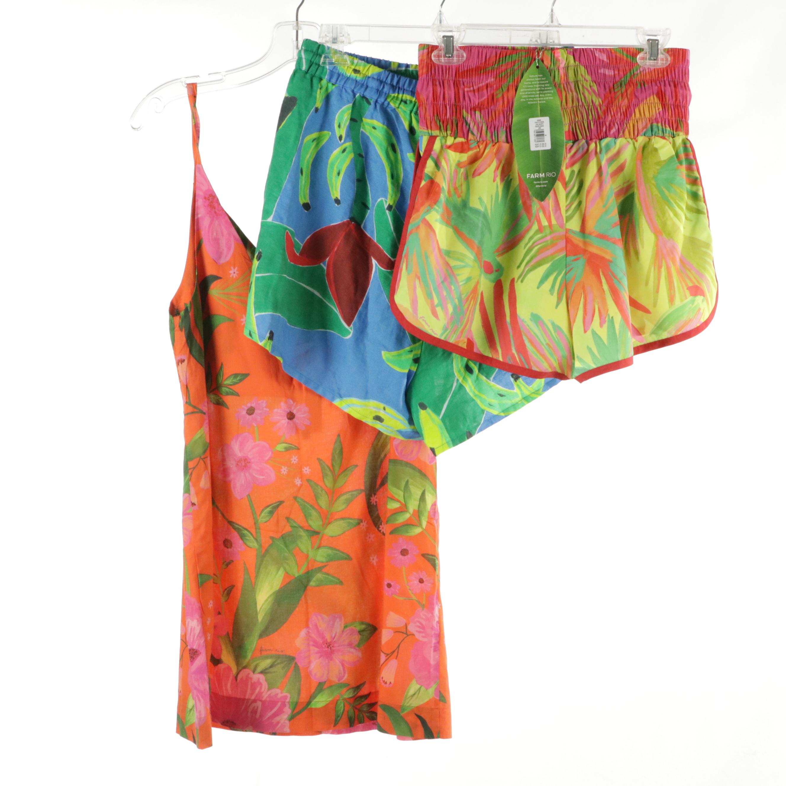 Farm Rio Romantic Garden Dress w/ Linen Banana Leaves & Painted Birds Shorts