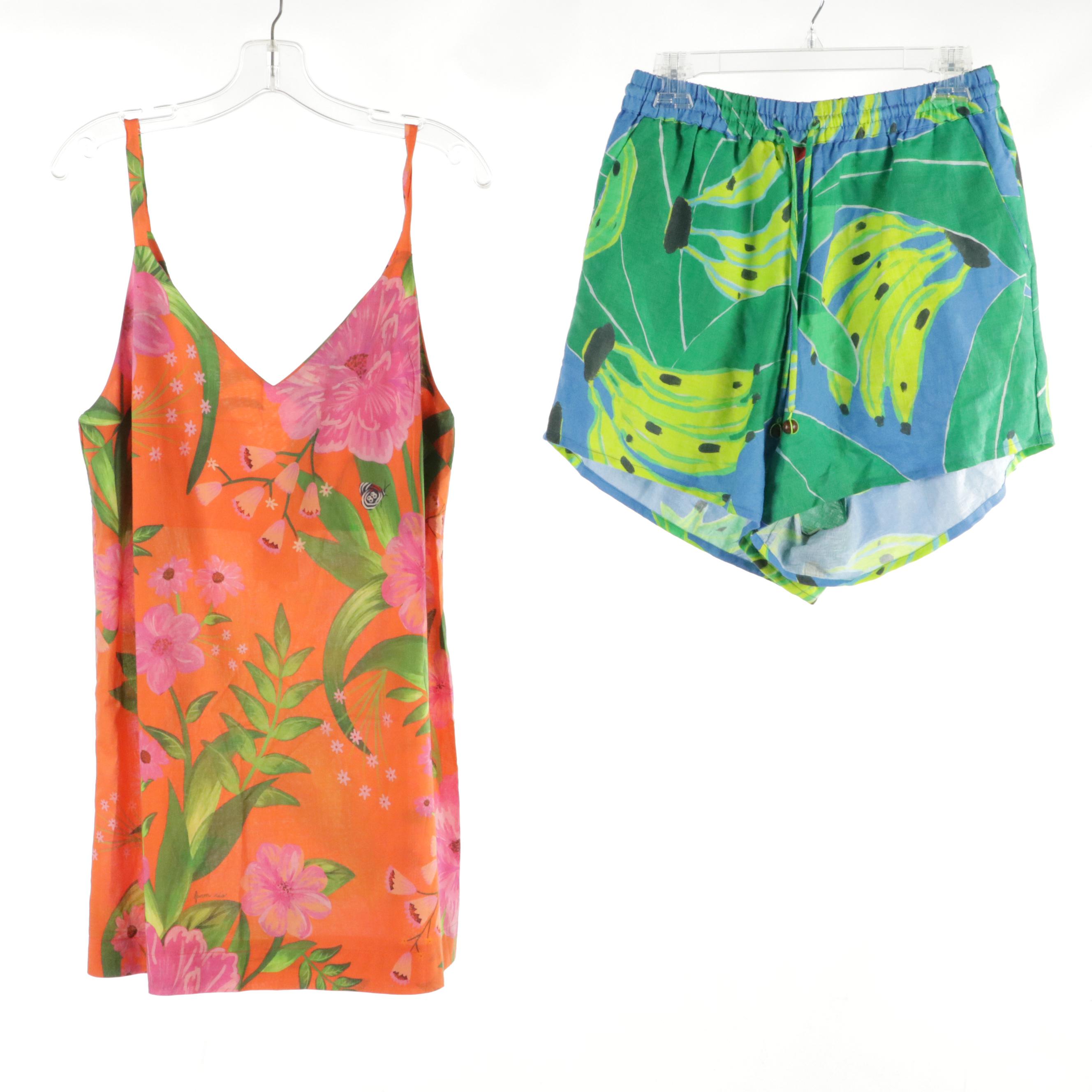 Farm Rio Romantic Garden Dress w/ Linen Banana Leaves & Painted Birds Shorts