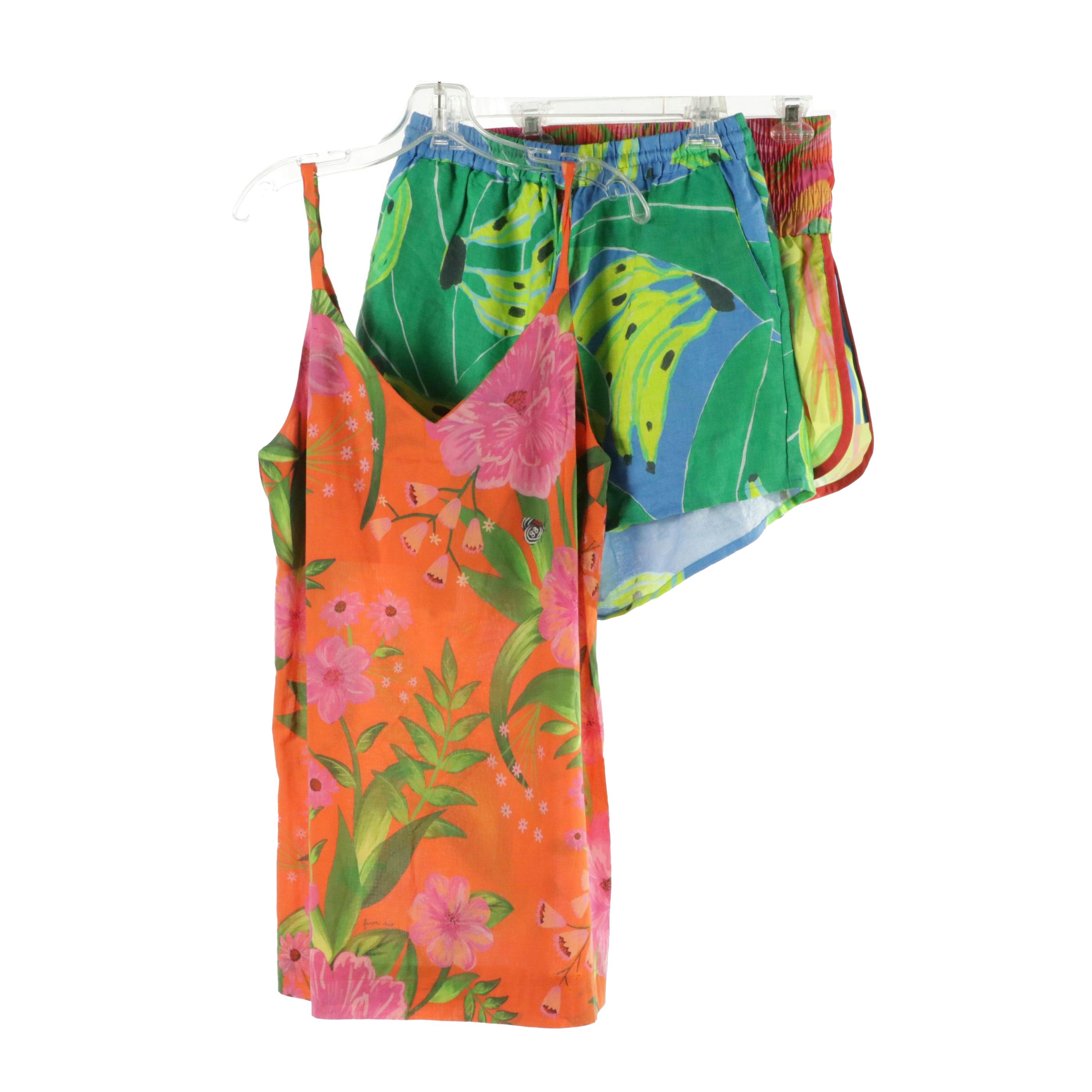 Farm Rio Romantic Garden Dress w/ Linen Banana Leaves & Painted Birds Shorts