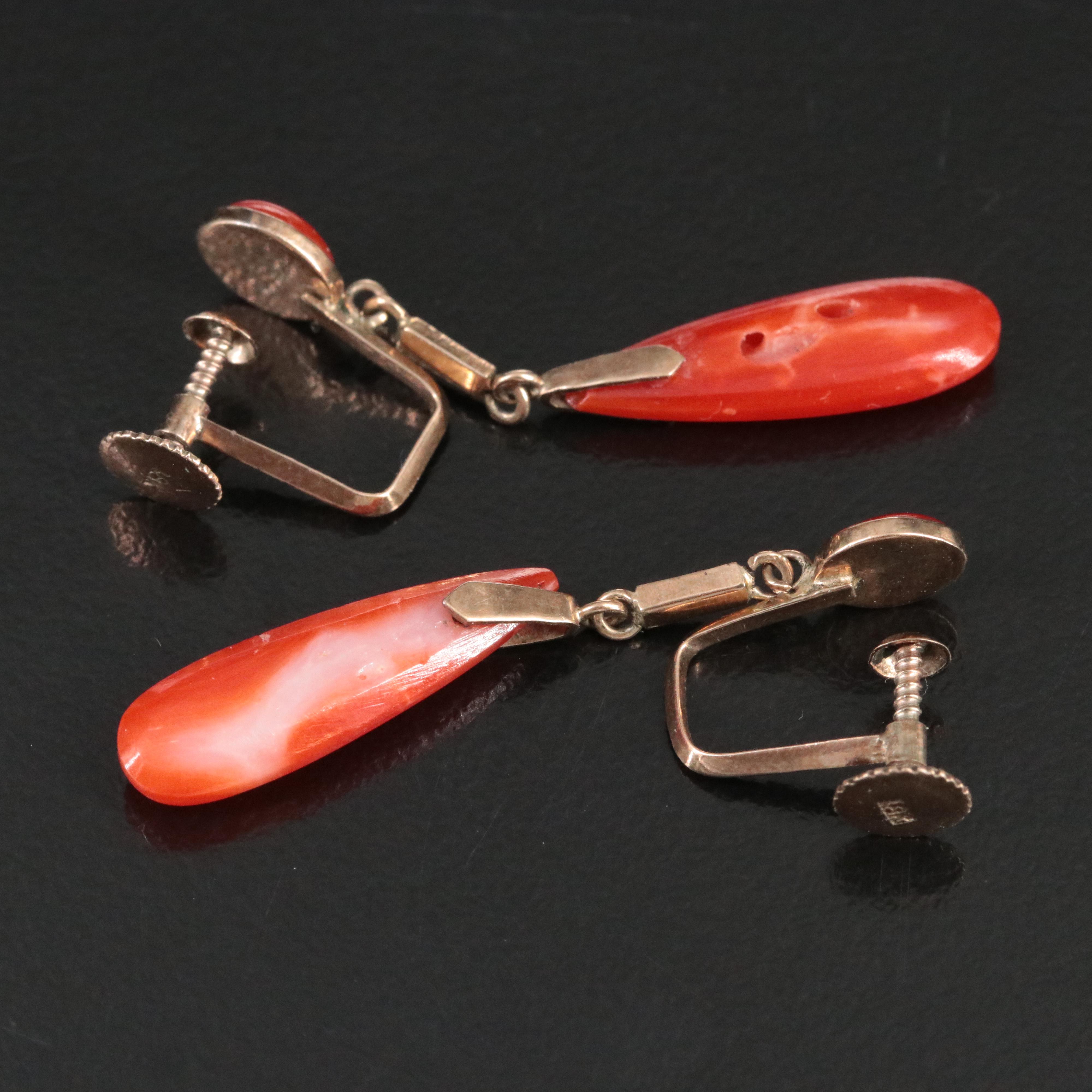 Antique 10K Coral Torpedo Earrings