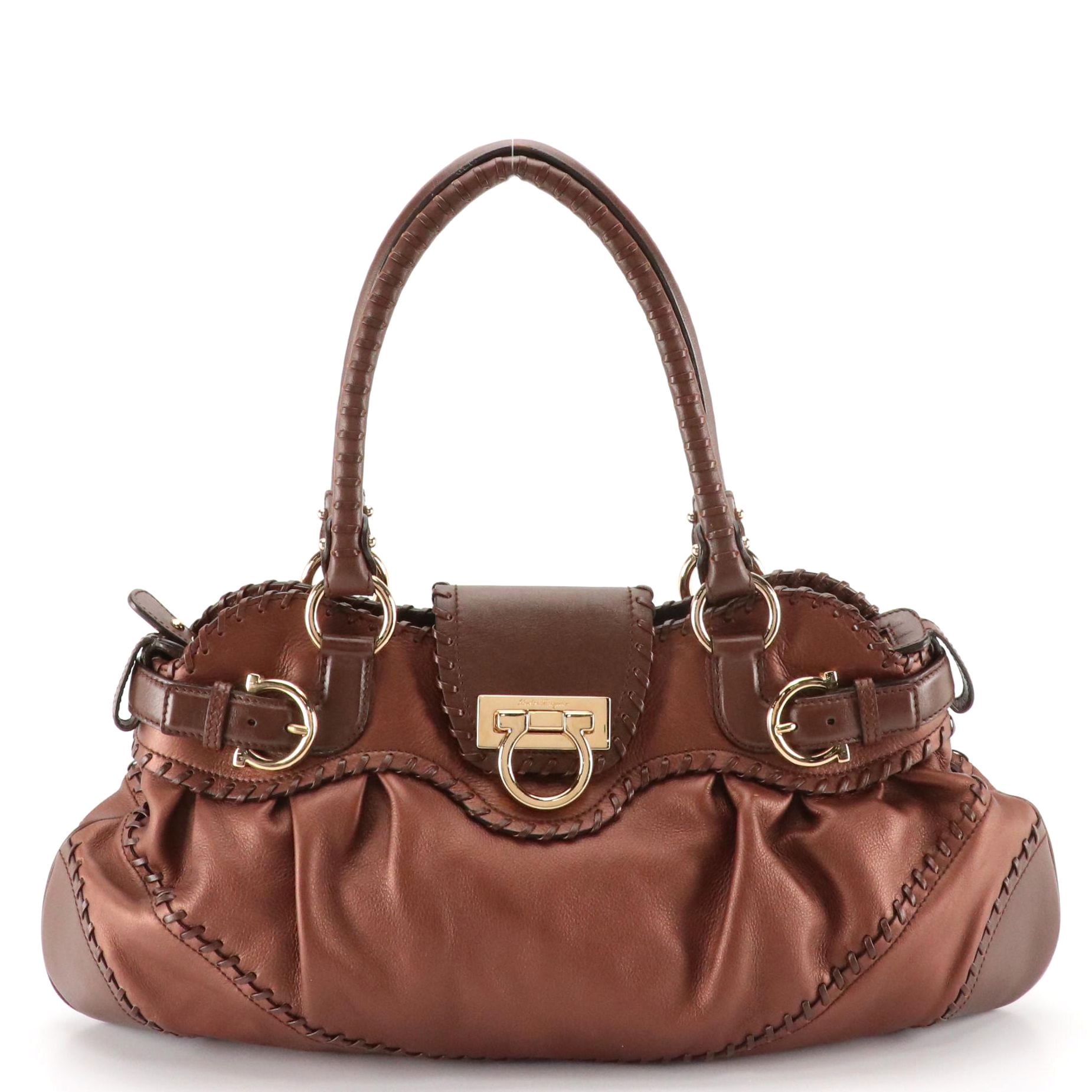 Salvatore Ferragamo Whipstitched Leather Gancini Clasp Shoulder Bag