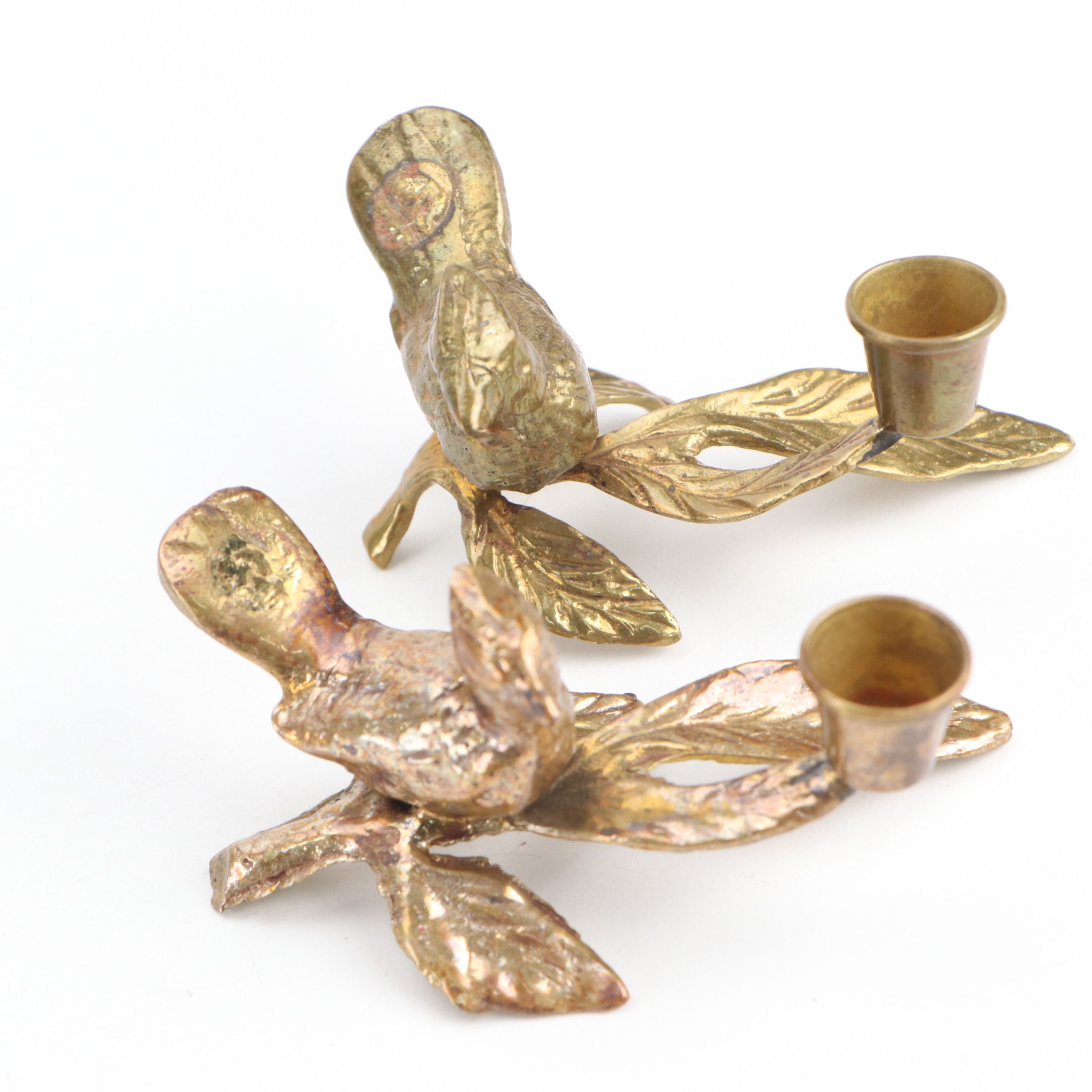 Perched Bird Brass Decorative Figures, Candlesticks and Bell