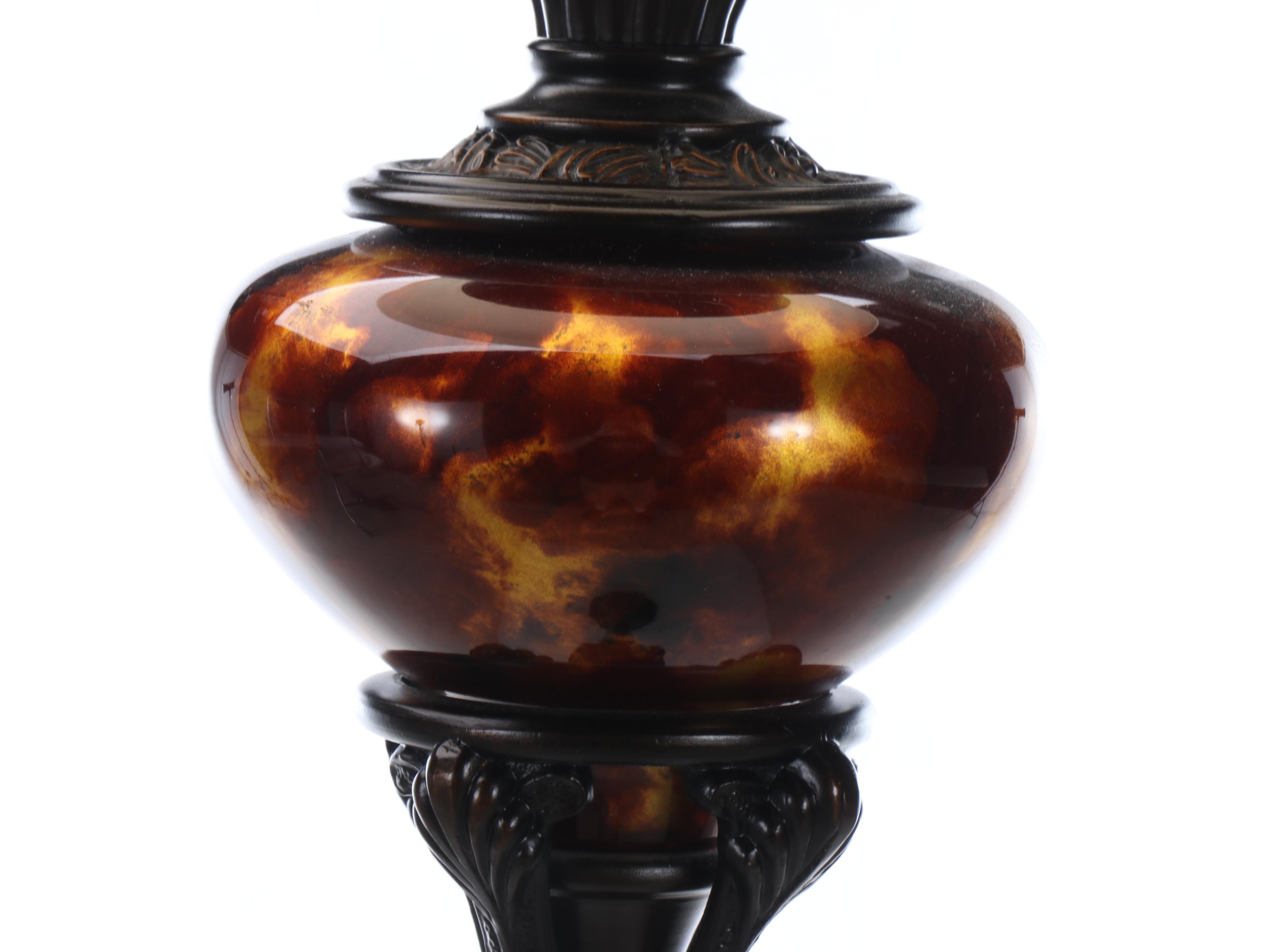 Oil Rubbed Bronze and Tortoise Glass Torchiere Floor Lamp with Satin Glass Shade