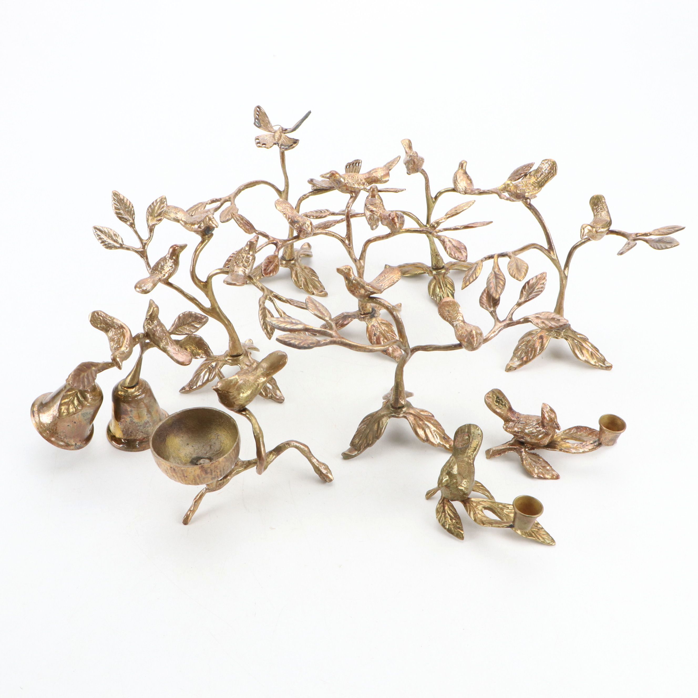 Perched Bird Brass Decorative Figures, Candlesticks and Bell