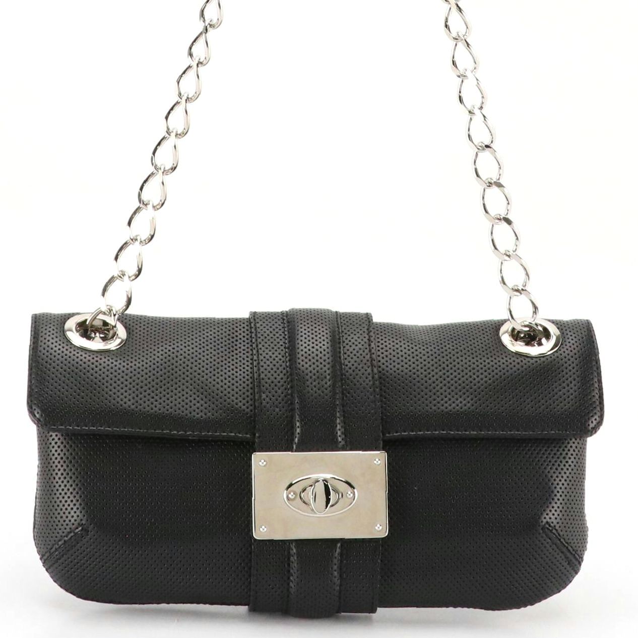 Lanvin Black Perforated Calfskin Leather Chain Link Jeanne Flap Bag with Tags