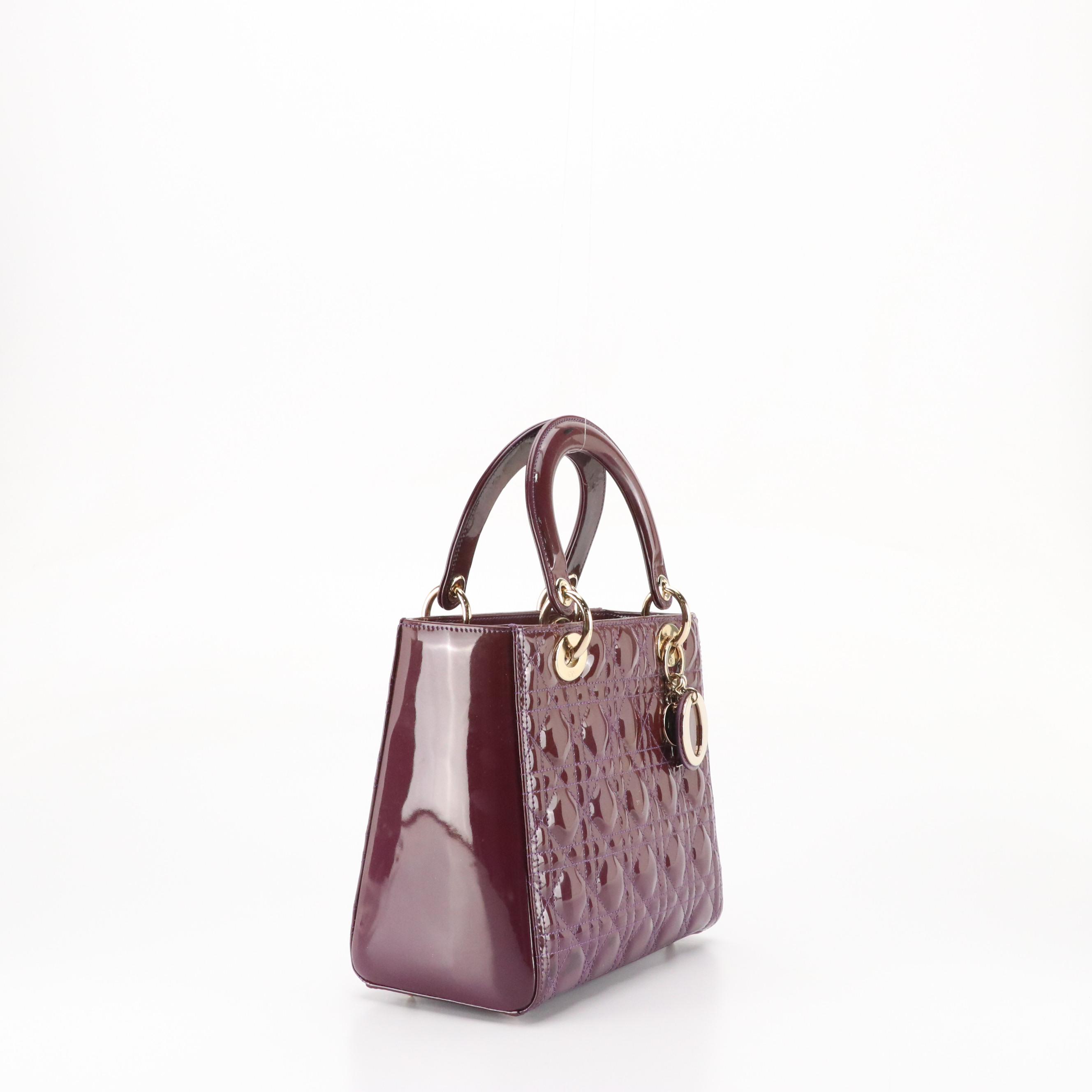 Christian Dior Medium Lady Dior Handbag in Plum Cannage Quilted Patent Leather