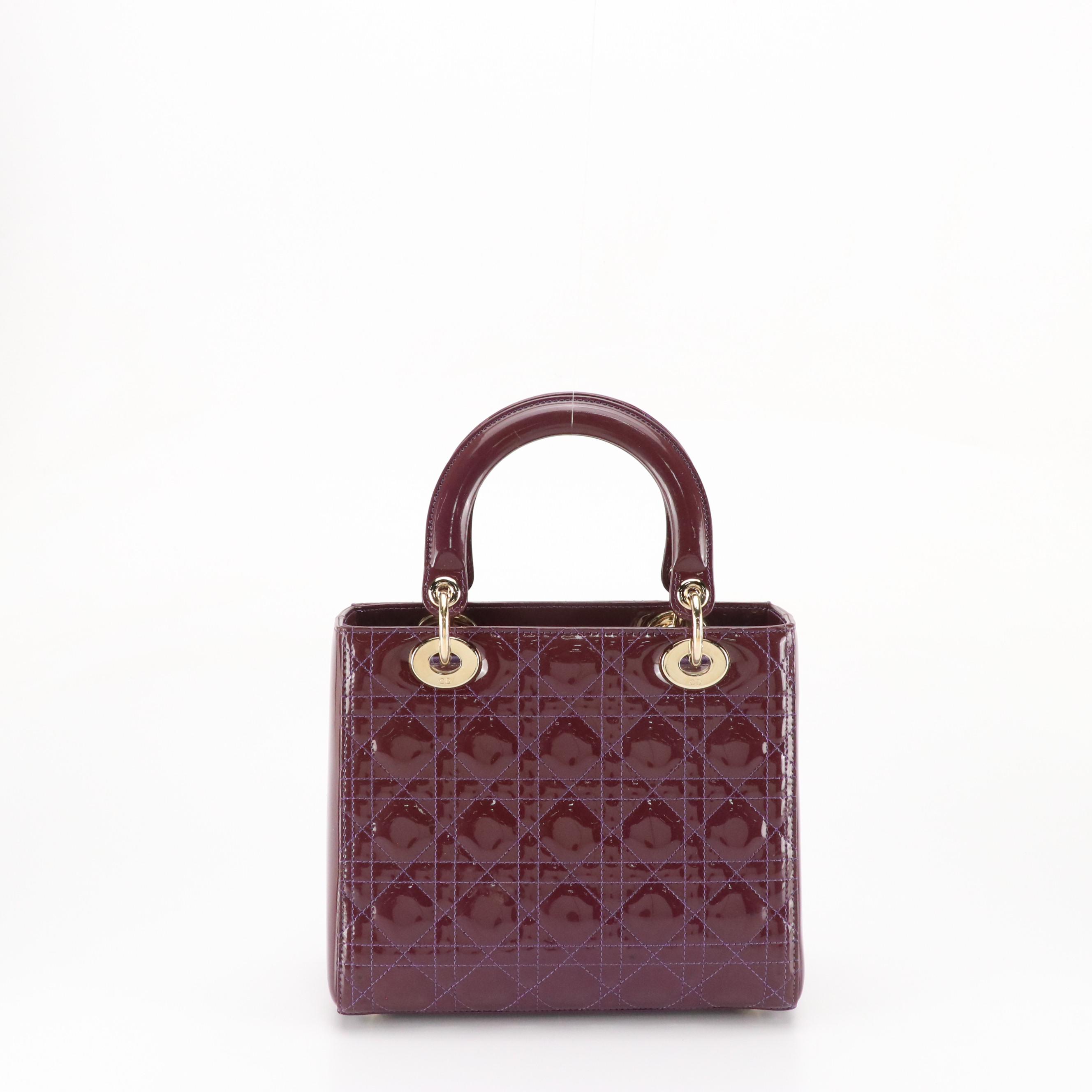Christian Dior Medium Lady Dior Handbag in Plum Cannage Quilted Patent Leather