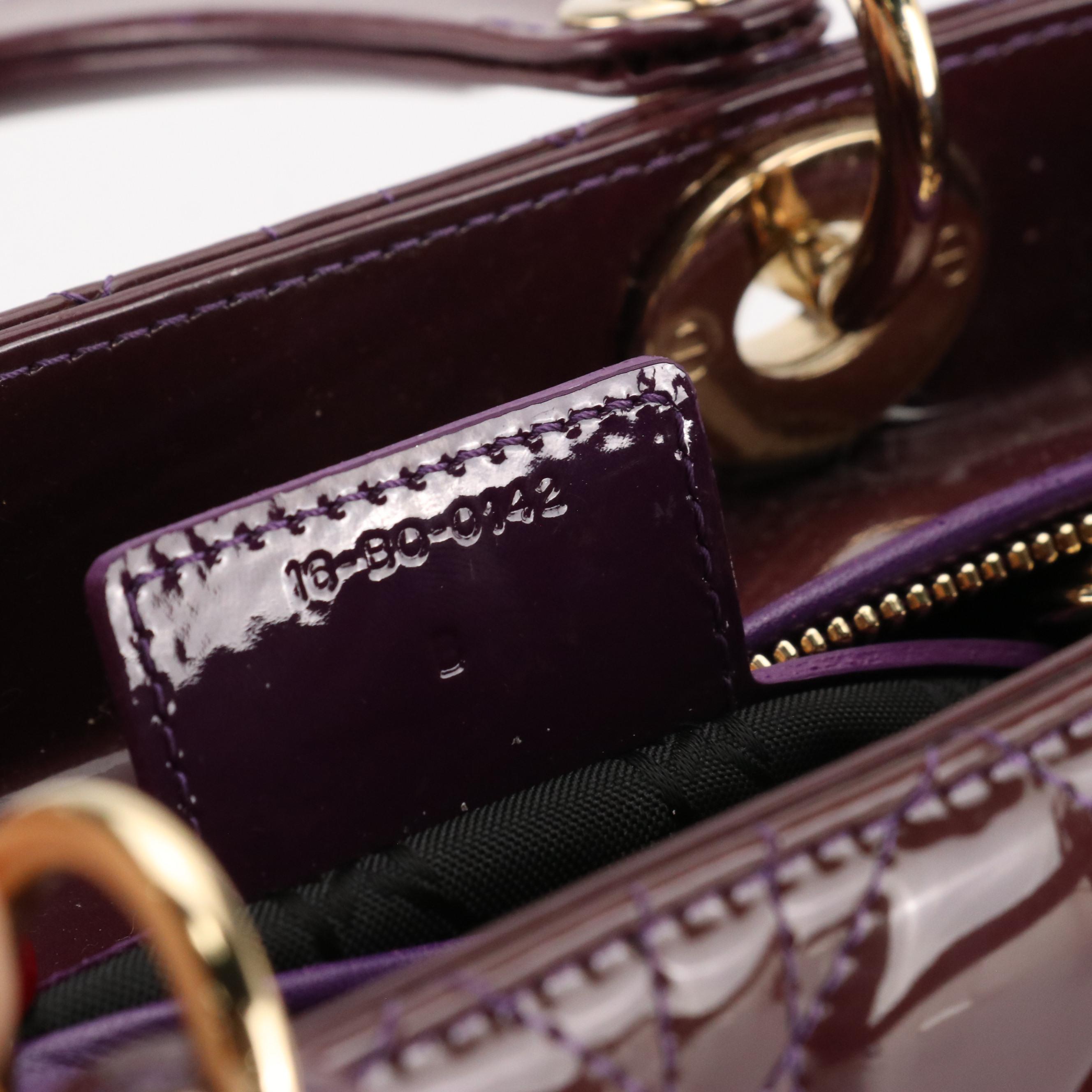 Christian Dior Medium Lady Dior Handbag in Plum Cannage Quilted Patent Leather