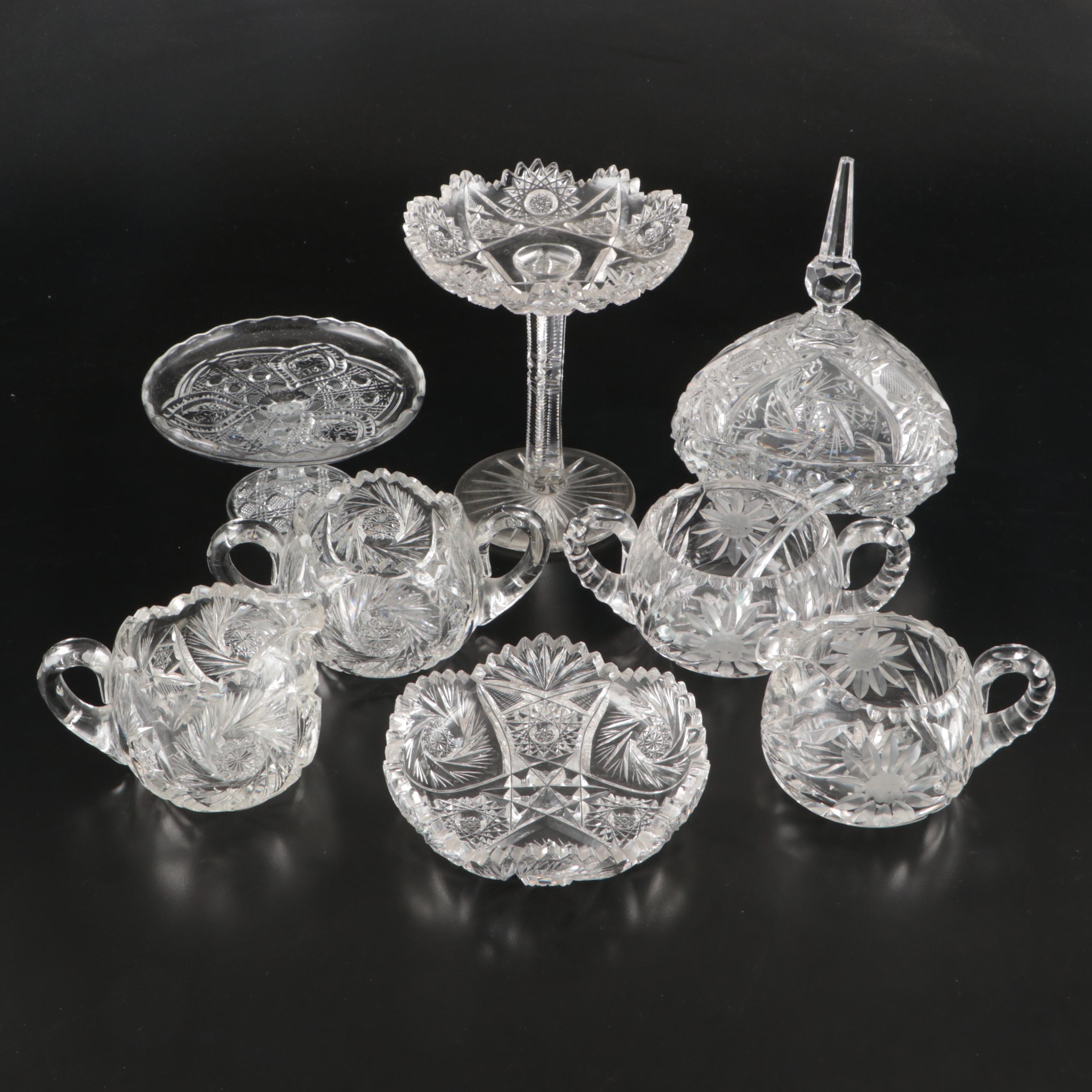 American Brilliant Style Cut Glass Footed Compote and Other Table Accessories