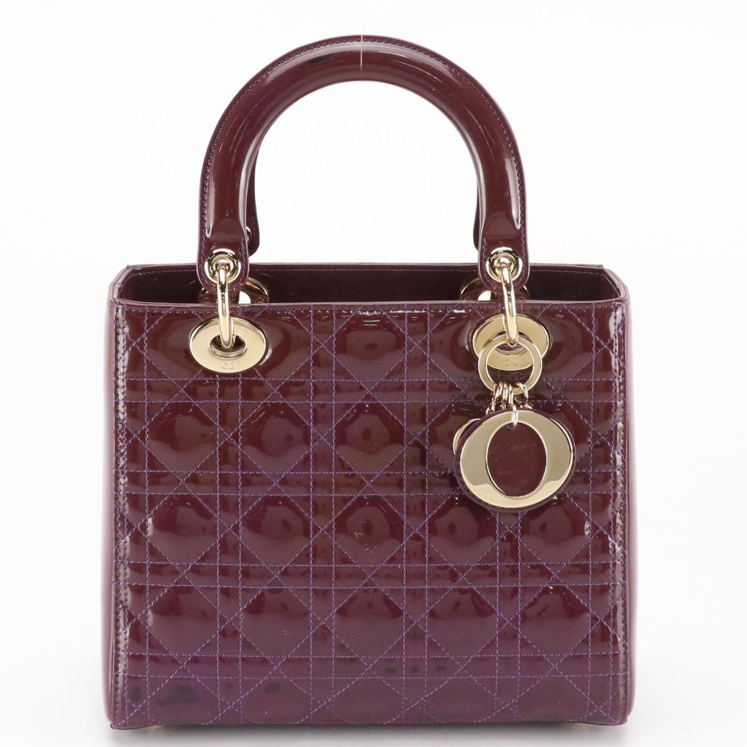 Christian Dior Medium Lady Dior Handbag in Plum Cannage Quilted Patent Leather